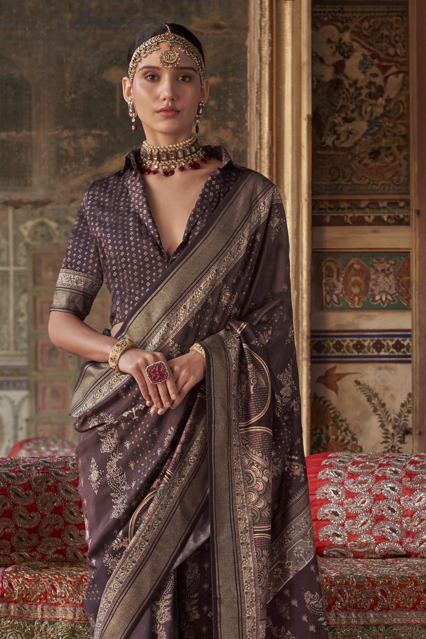 Buy MySilkLove Deep Coffee Brown Printed Banarasi Saree Online