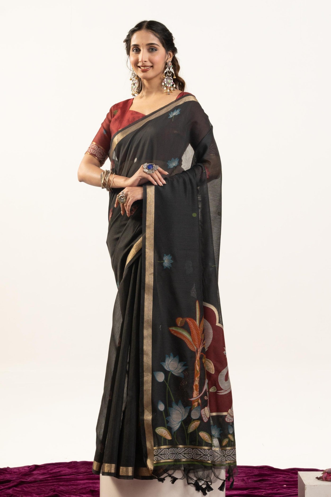 Buy MySilkLove Eclipse Black Woven Soft Muga Cotton Saree Online
