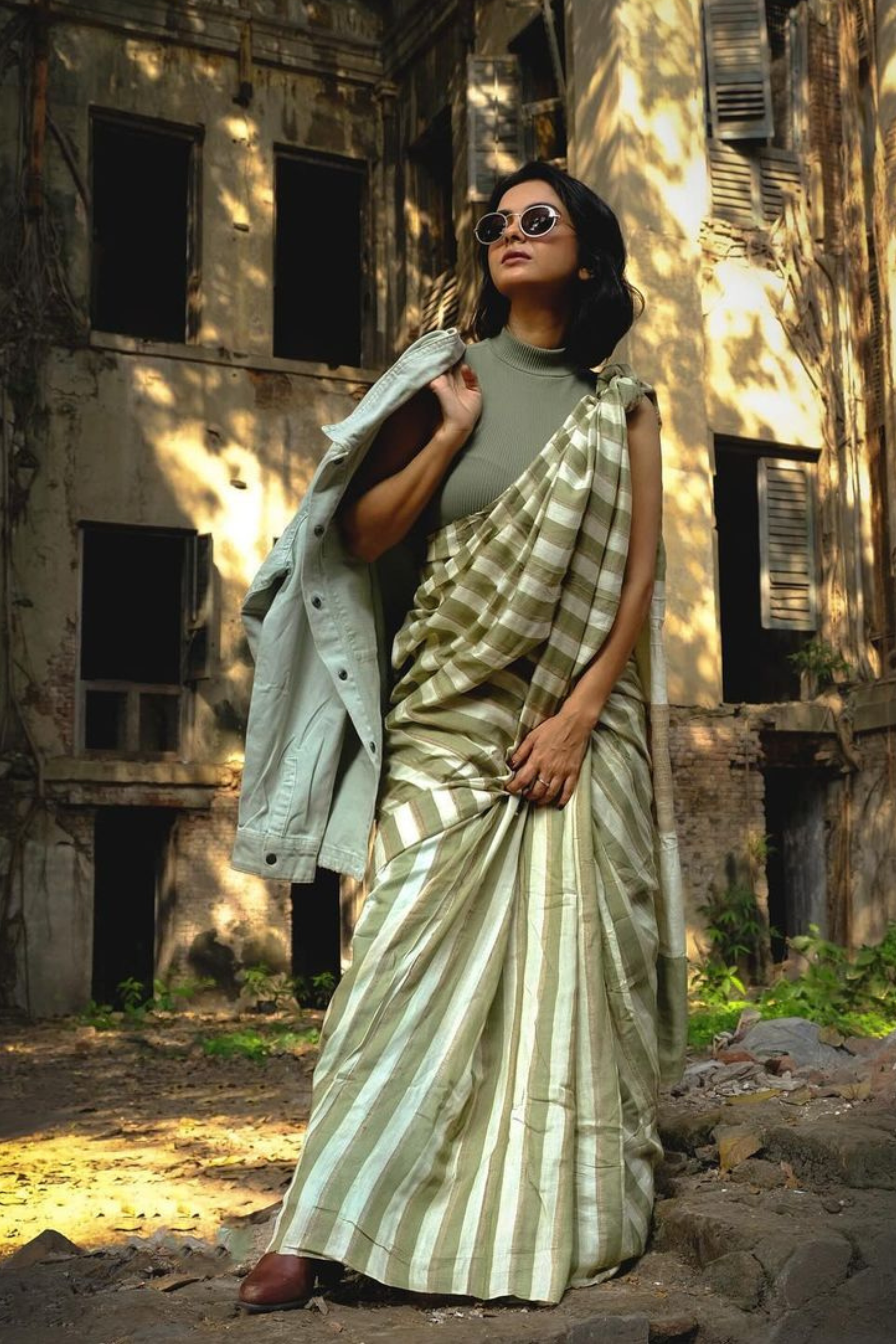 Buy MySilkLove Clay Creek Green Cotton Stripes Saree Online