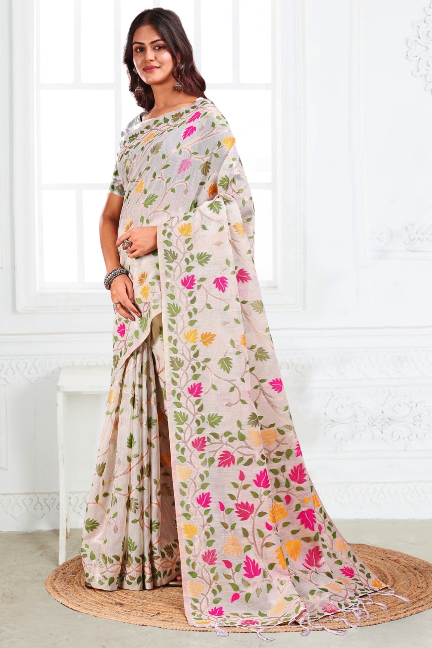 Buy MySilkLove Snow White Woven Linen Cotton Saree Online