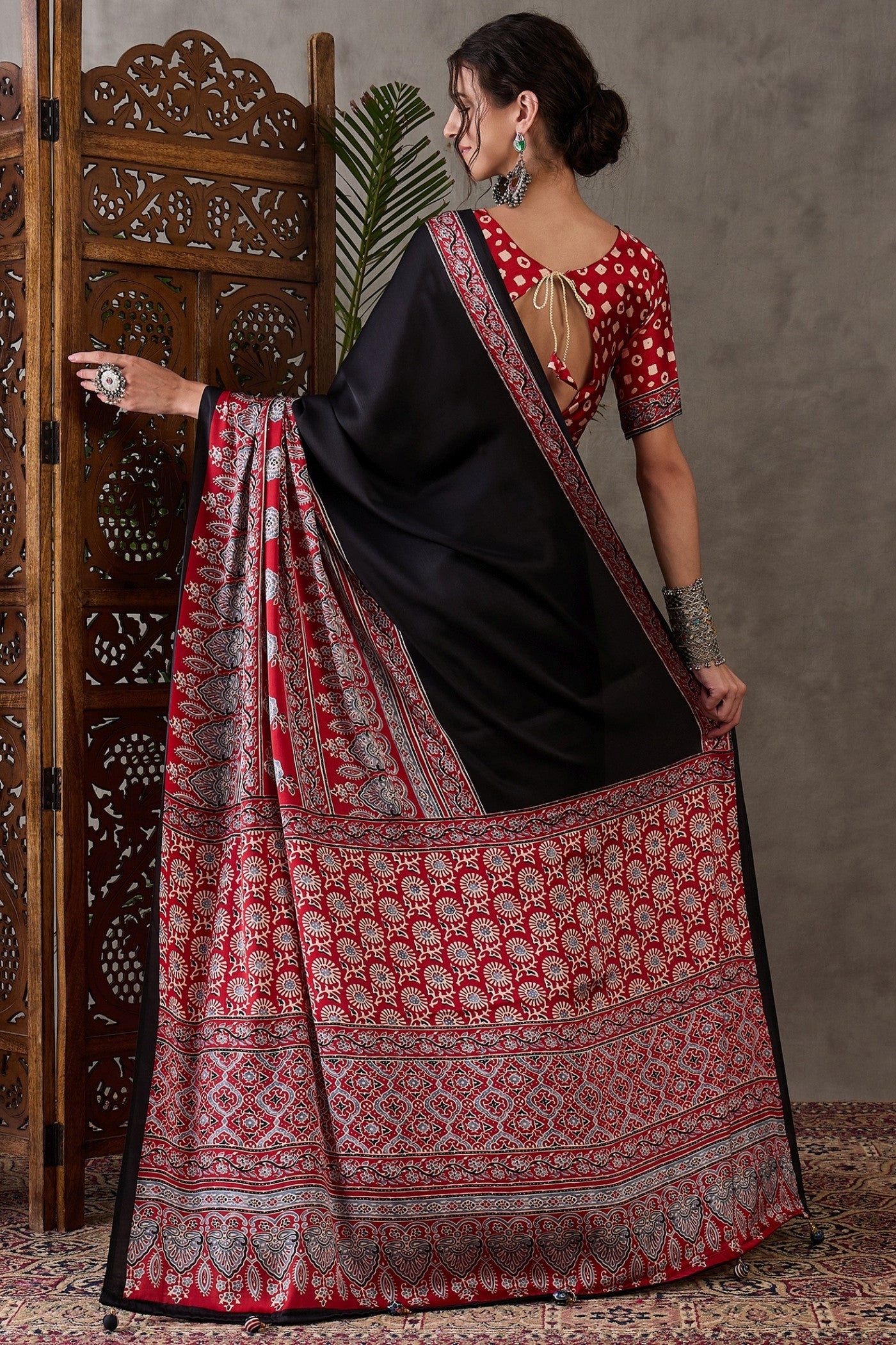 Buy MySilkLove Pitch Black Printed Satin Gaji Silk Saree Online