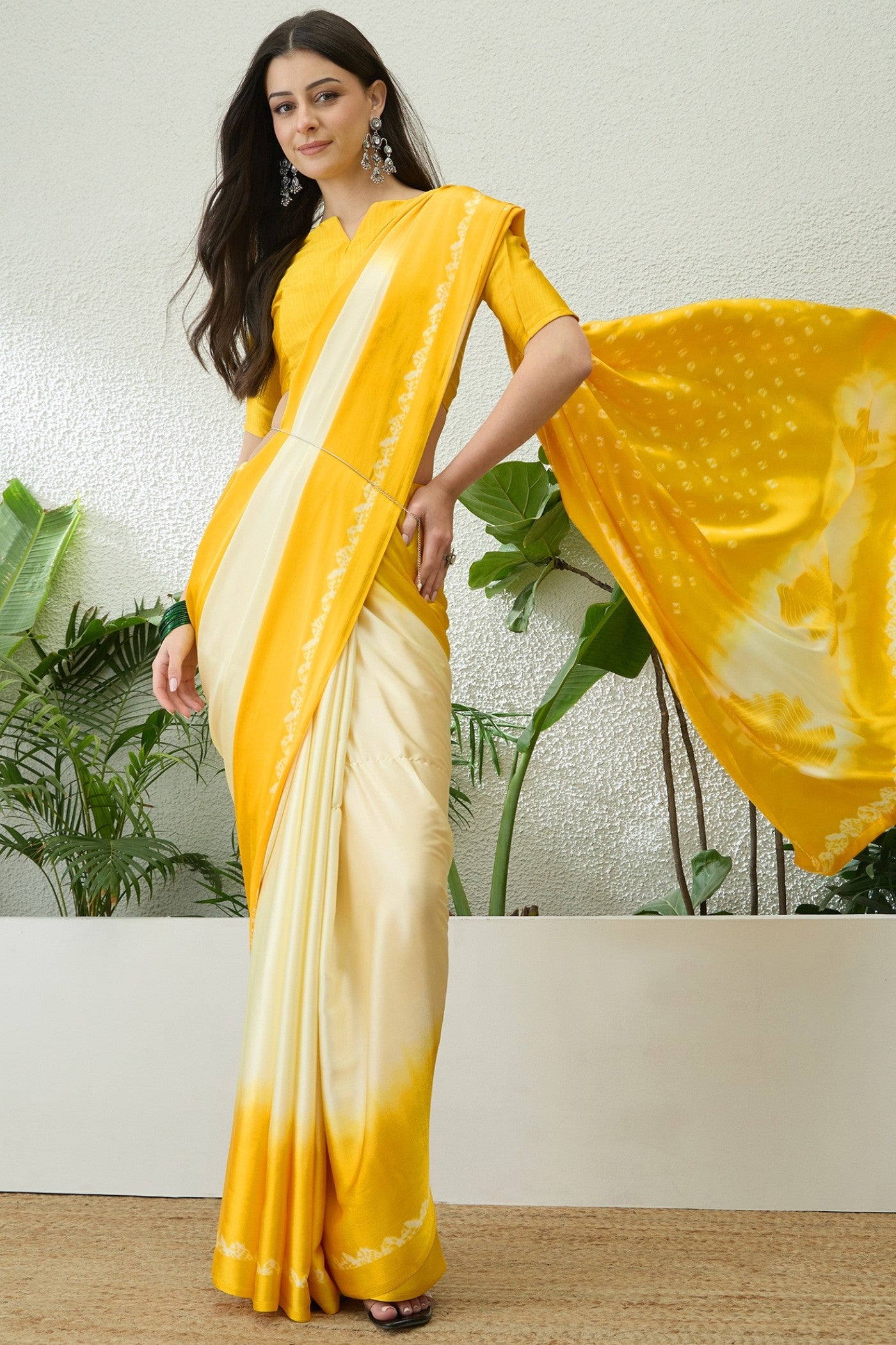 Buy MySilkLove Cyber Yellow Printed Satin Crepe Silk Saree Online