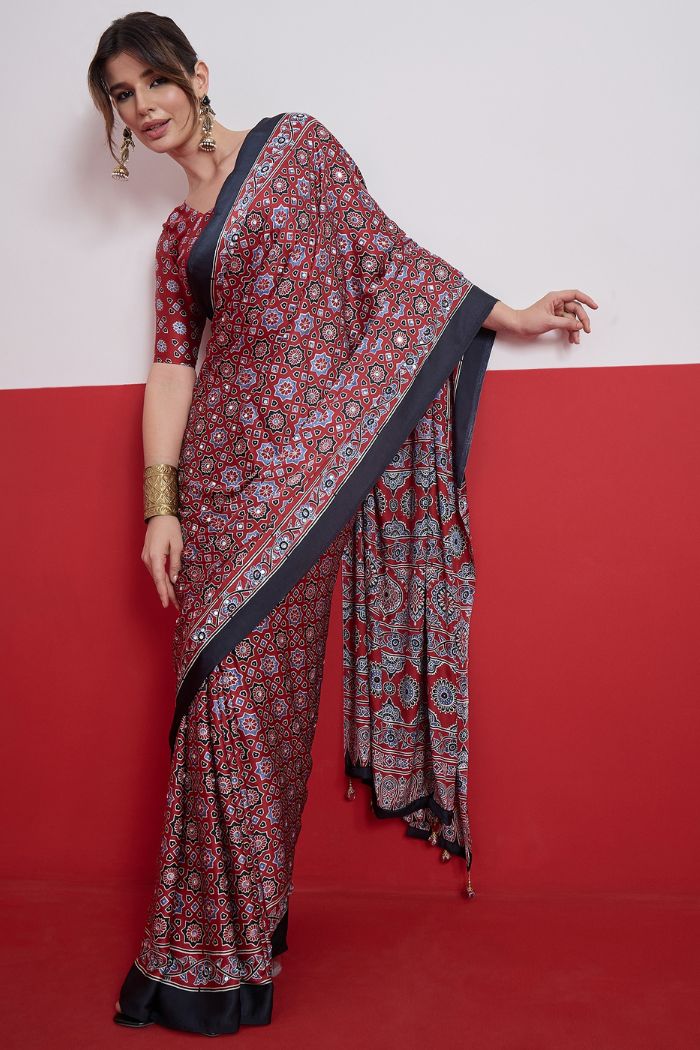 Buy MySilkLove Burgundy Maroon Modal Ajrakh Satin Printed Mirror Work Saree Online