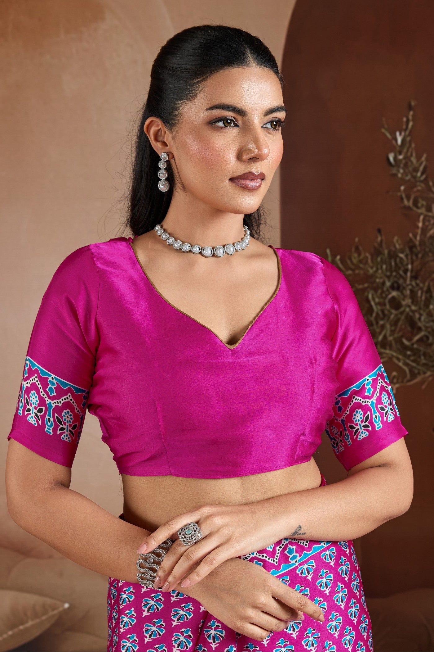 Buy MySilkLove Rajwadi Pink Ajrakh Printed Satin Crepe Silk Saree Online