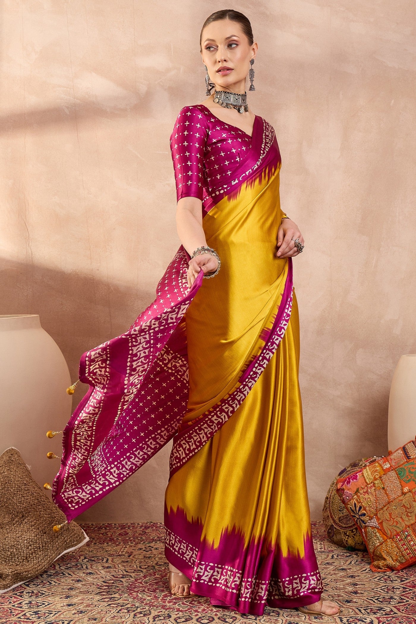 Buy MySilkLove Chartreuse Yellow Printed Satin Crepe Silk Saree Online