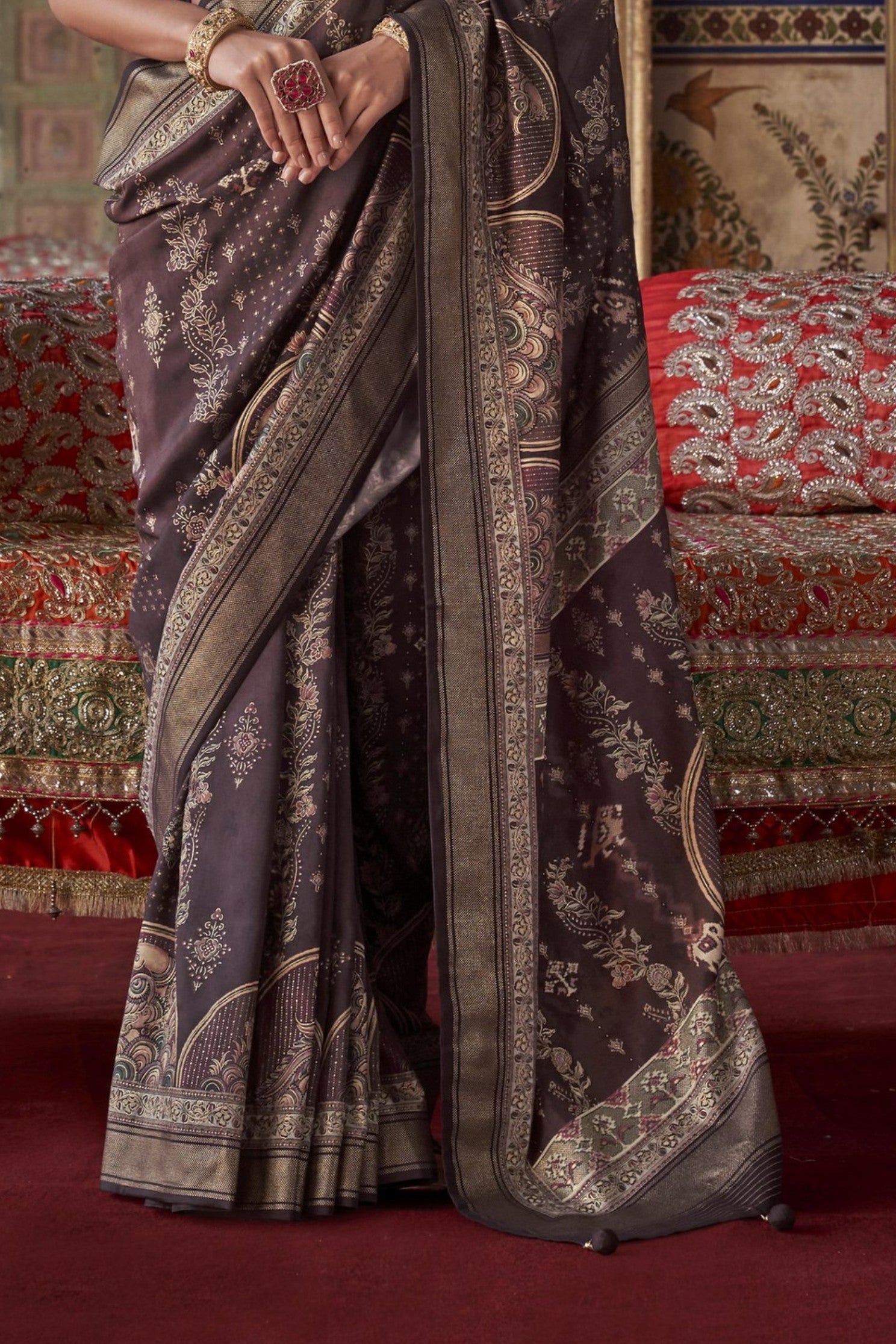 Buy MySilkLove Deep Coffee Brown Printed Banarasi Saree Online