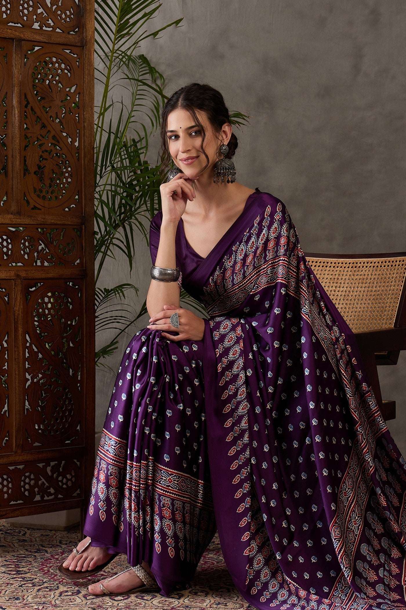 Buy MySilkLove Jamun Purple Printed Satin Gaji Silk Saree Online