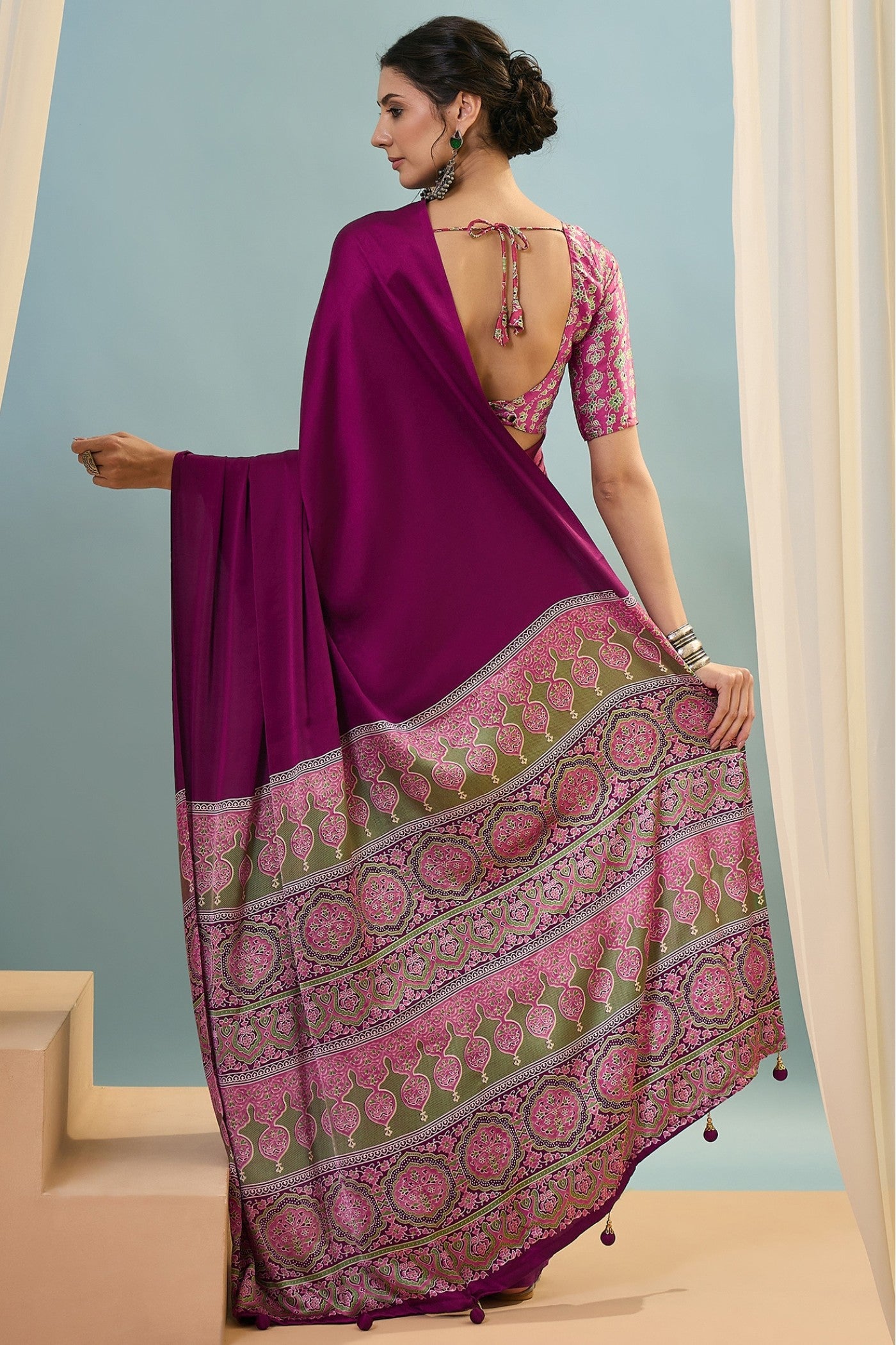 Buy MySilkLove Glassfire Purple Ajrakh Printed Satin Crepe Silk Saree Online