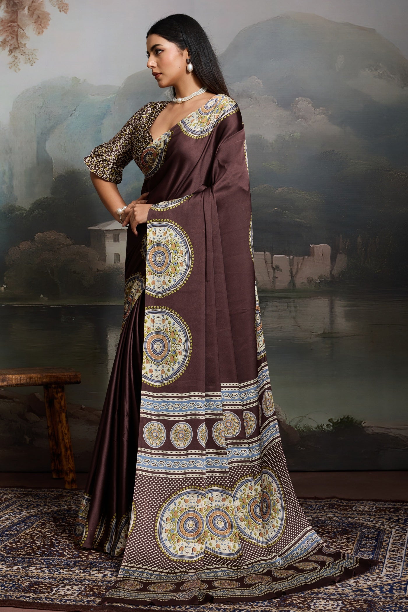 Buy MySilkLove Pecan Brown Ajrakh Modal Ajrakh Printed Silk Saree Online