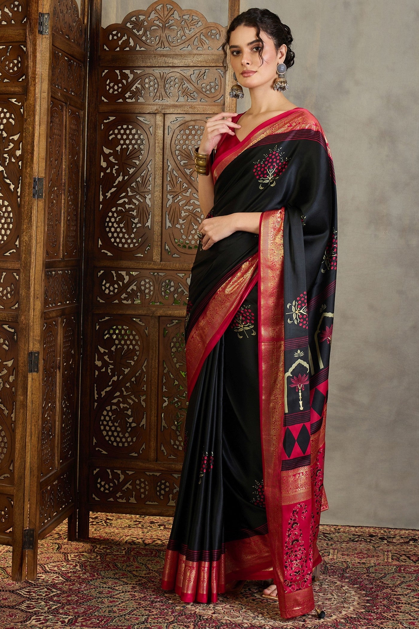 Buy MySilkLove Inked Black and Red Printed Satin Crepe Silk Saree Online