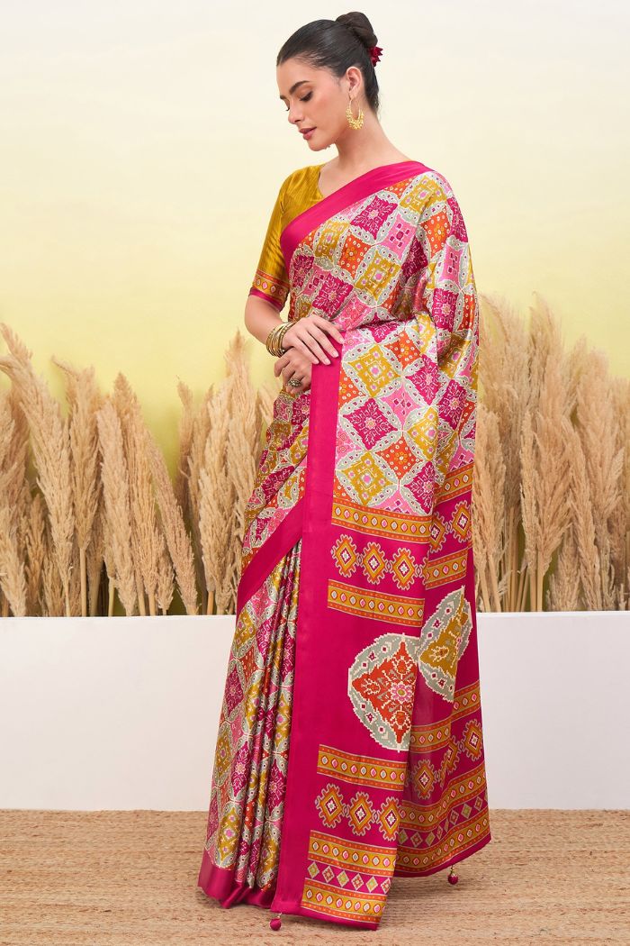 Buy MySilkLove Watermelon Pink Patola Printed Satin Crepe Silk Saree Online