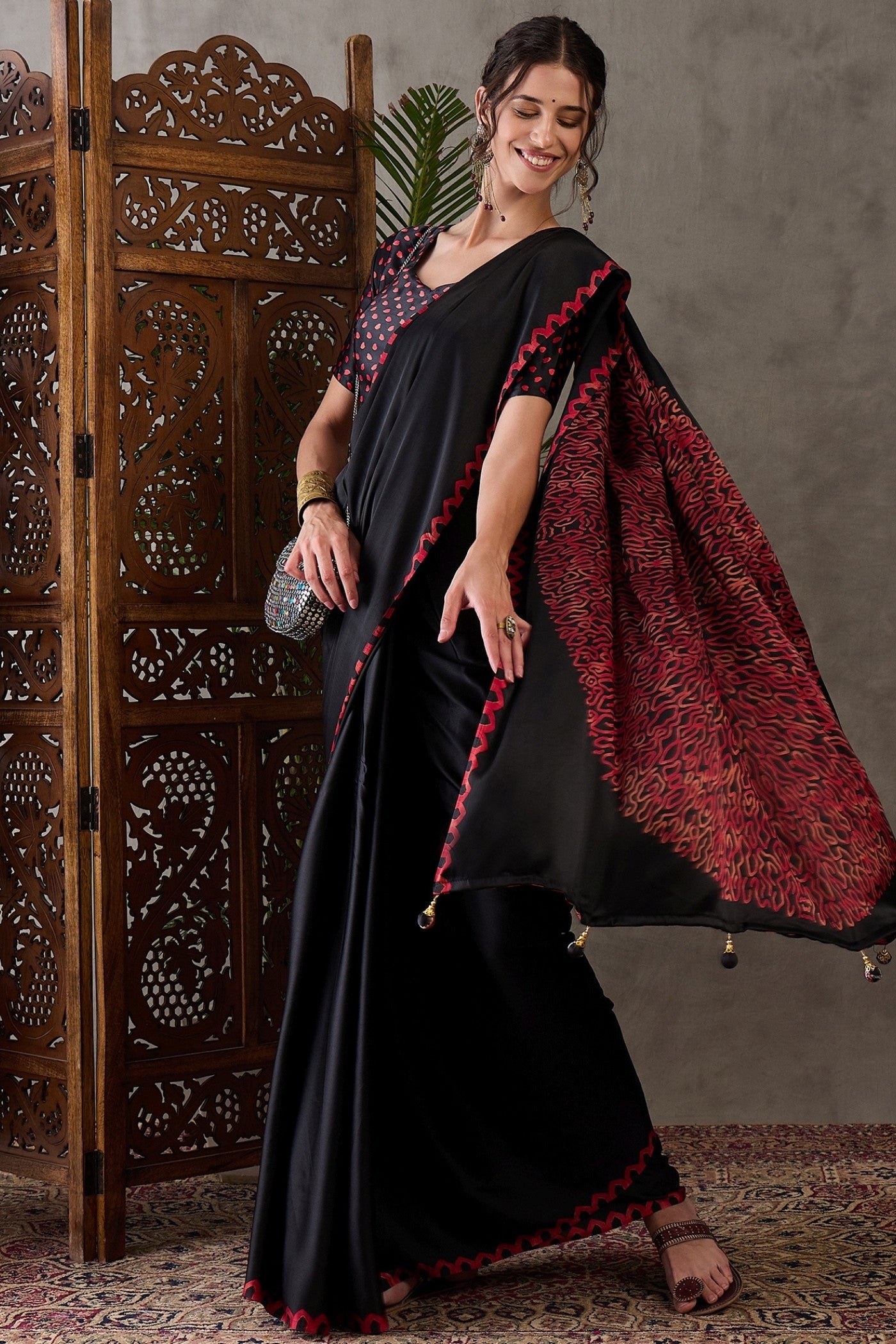 Buy MySilkLove Coal Black Printed Satin Gaji Silk Saree Online