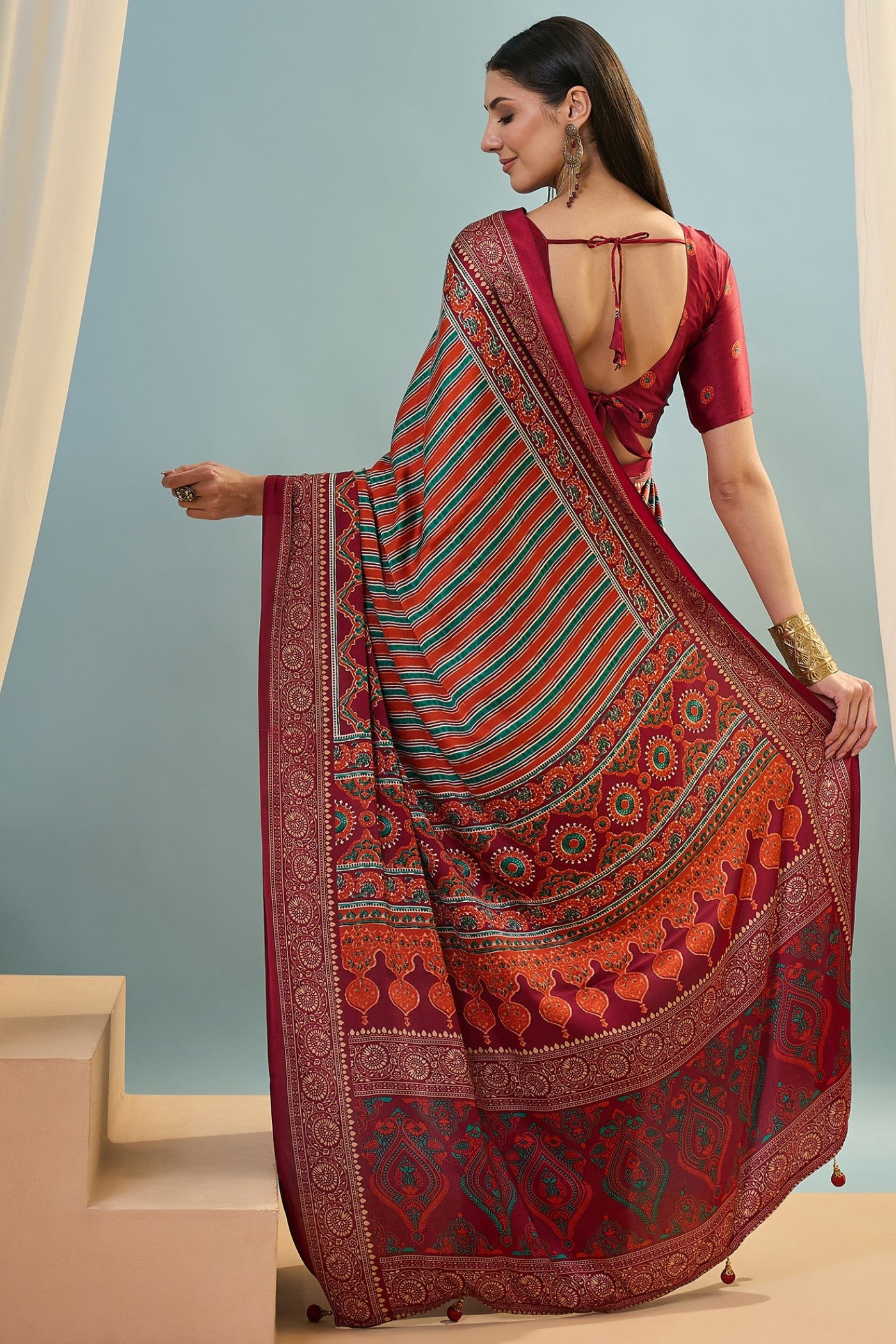 Buy MySilkLove Sanguine Brown Ajrakh Printed Satin Crepe Silk Saree Online