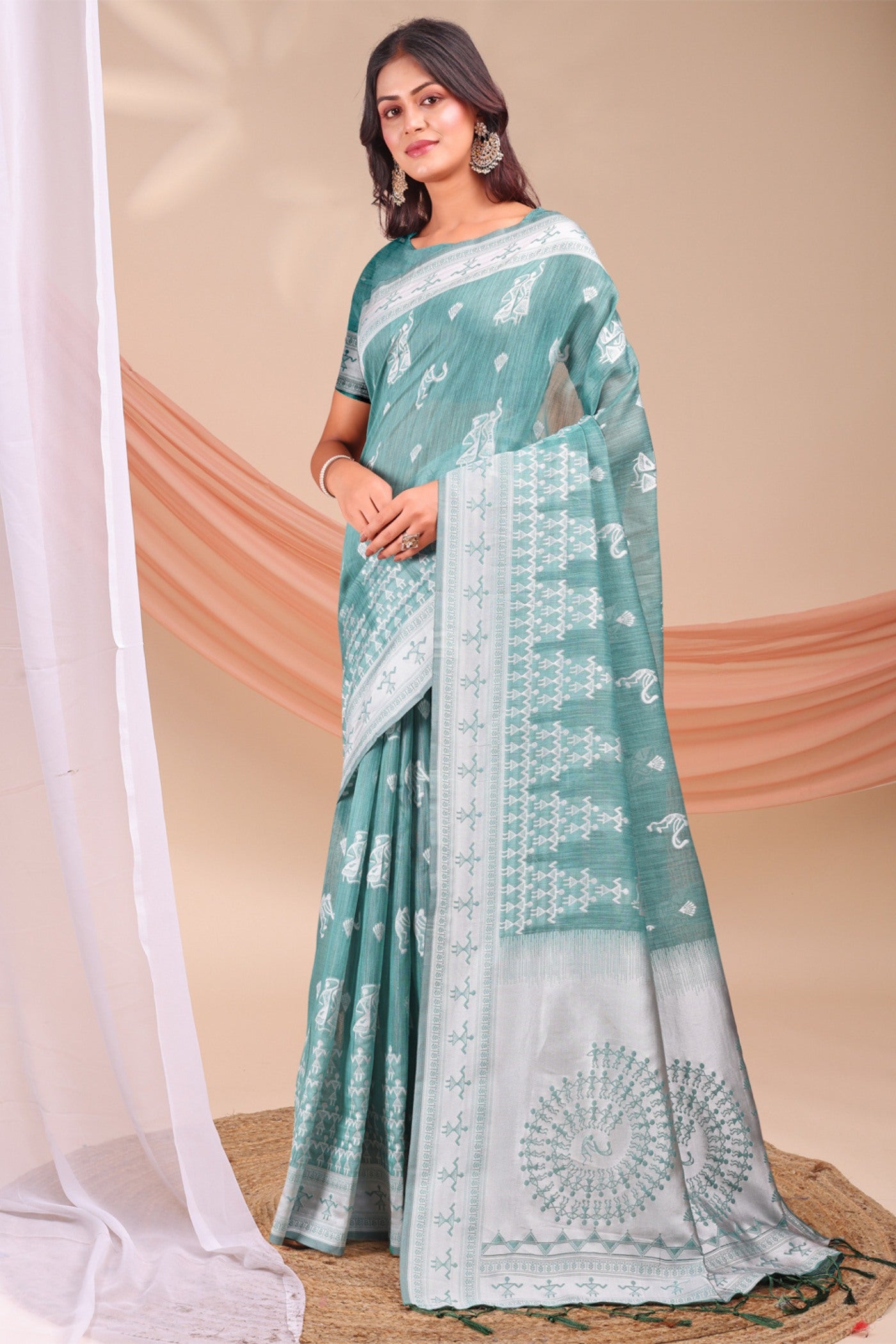 Buy MySilkLove Pine Green Woven Linen Cotton Saree Online