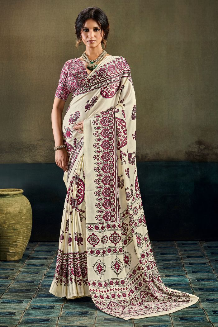 Buy MySilkLove Coconut Cream Modal Ajrakh Satin Printed Silk Saree Online