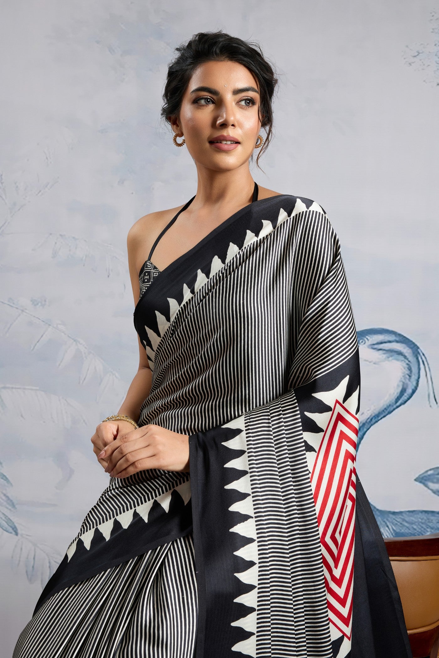 MySilkLove Melanie Black Stripe Ajrakh Printed Satin Crepe Silk Saree