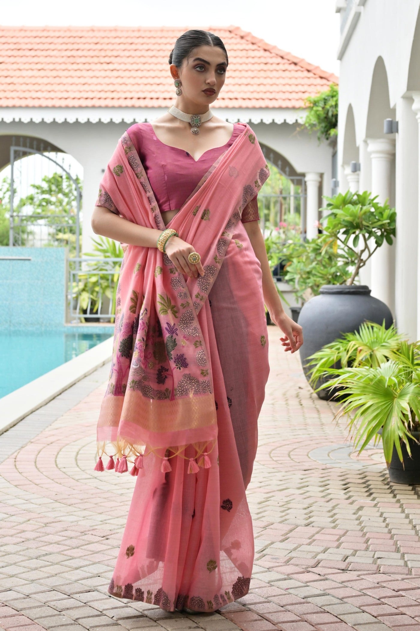 Buy MySilkLove Mulberry Pink Woven Muga Cotton Saree Online