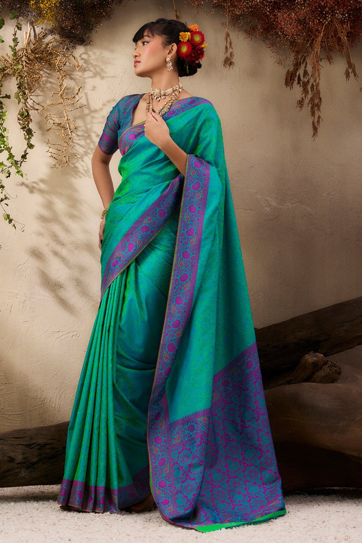 Buy MySilkLove Navy Green Woven Tanchoi Kanjivaram Saree Online