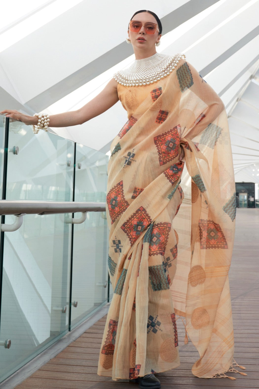 Buy MySilkLove Malta Cream Printed Handloom Zari Tissue Saree Online