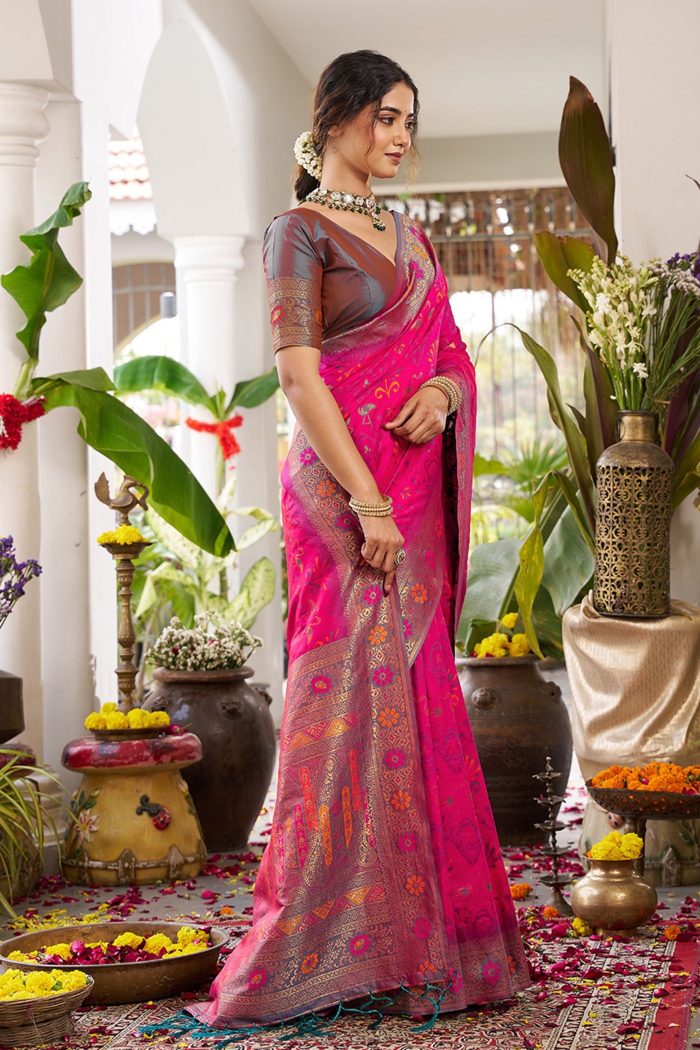 Buy MySilkLove China Rose Pink Banarasi Woven Soft Silk Saree Online