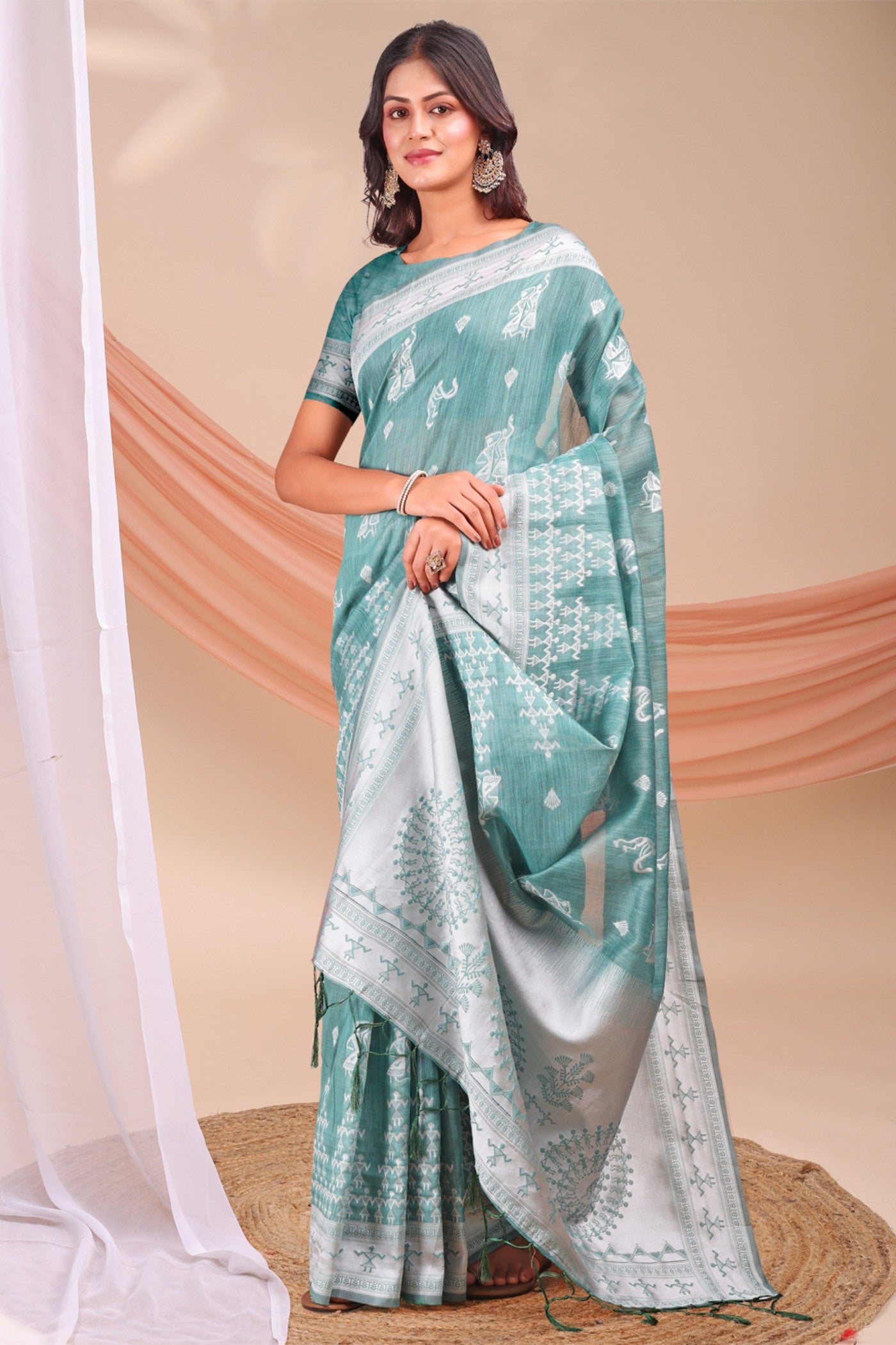 Buy MySilkLove Pine Green Woven Linen Cotton Saree Online