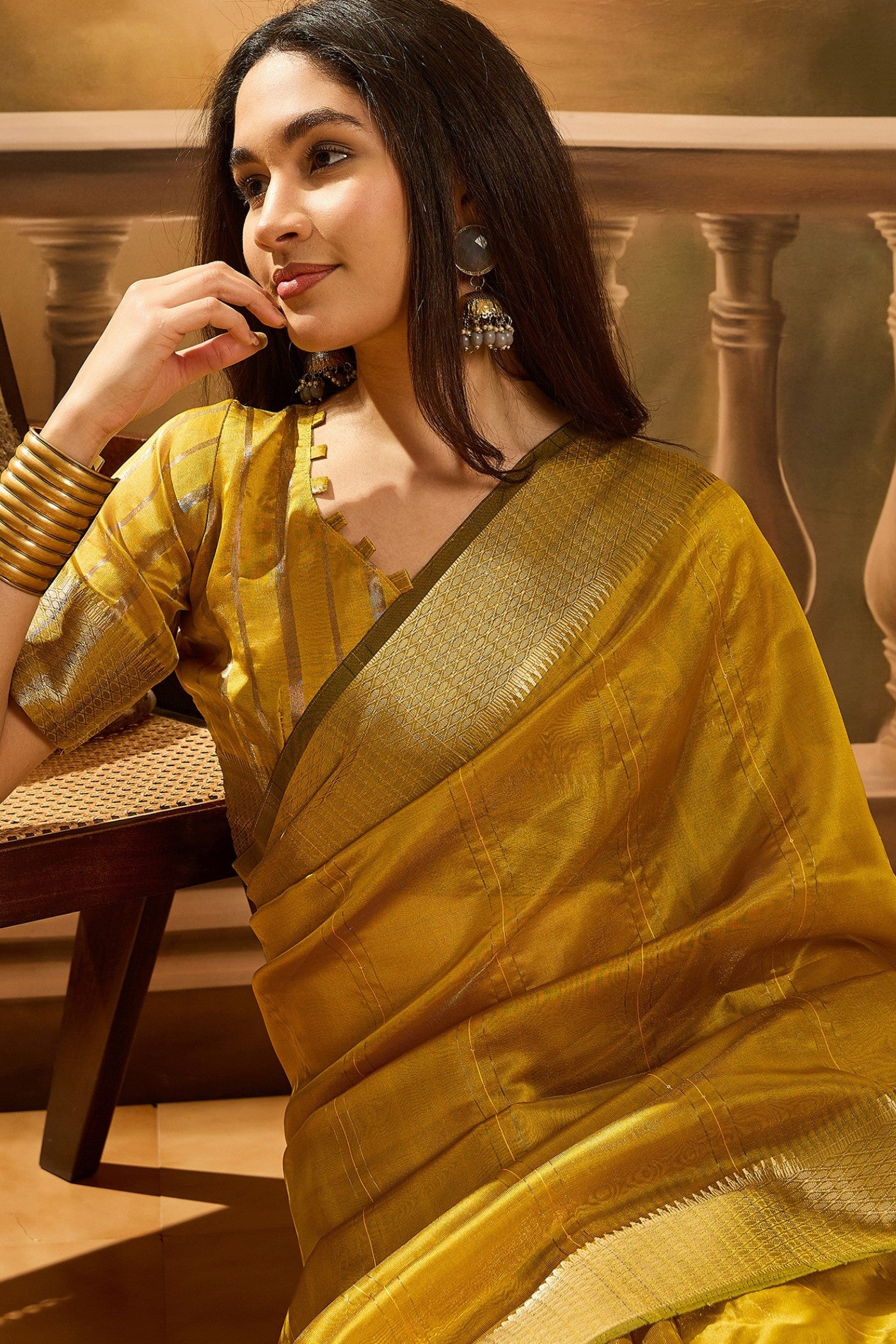 Buy MySilkLove Dijon Yellow Woven Organza Saree Online