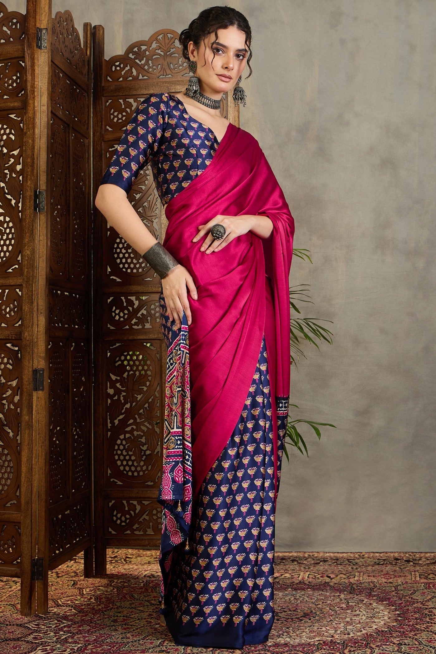 Buy MySilkLove Rose Pink and Blue Ajrakh Printed Satin Crepe Silk Saree Online