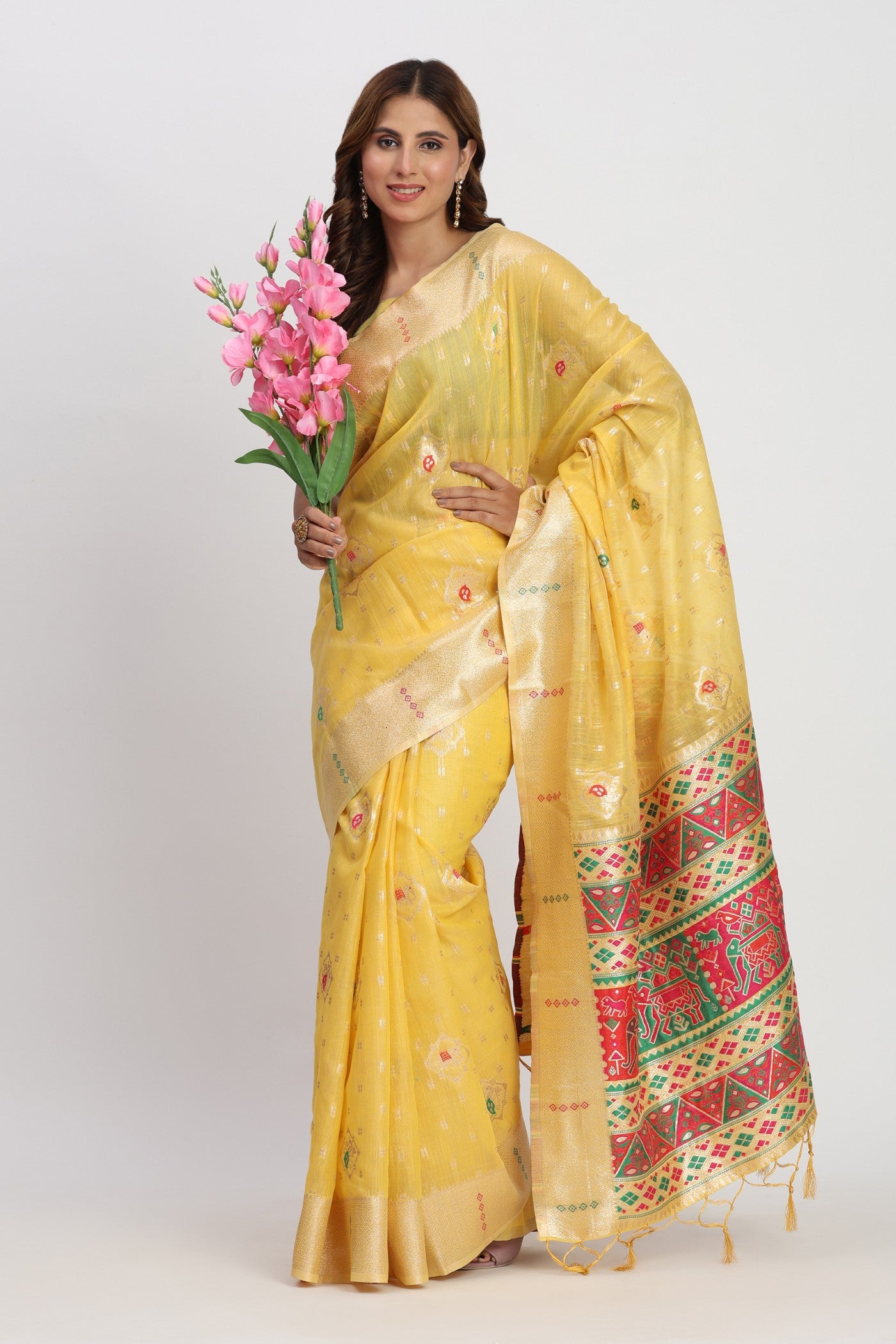 Buy MySilkLove Sunflower Yellow Woven Linen Cotton Saree Online