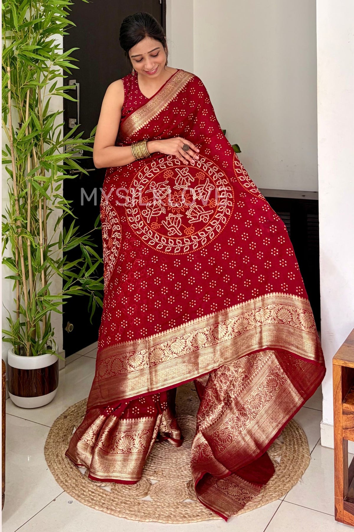 Buy MySilkLove Rust Red Bandhani Zari Woven Work Saree Online
