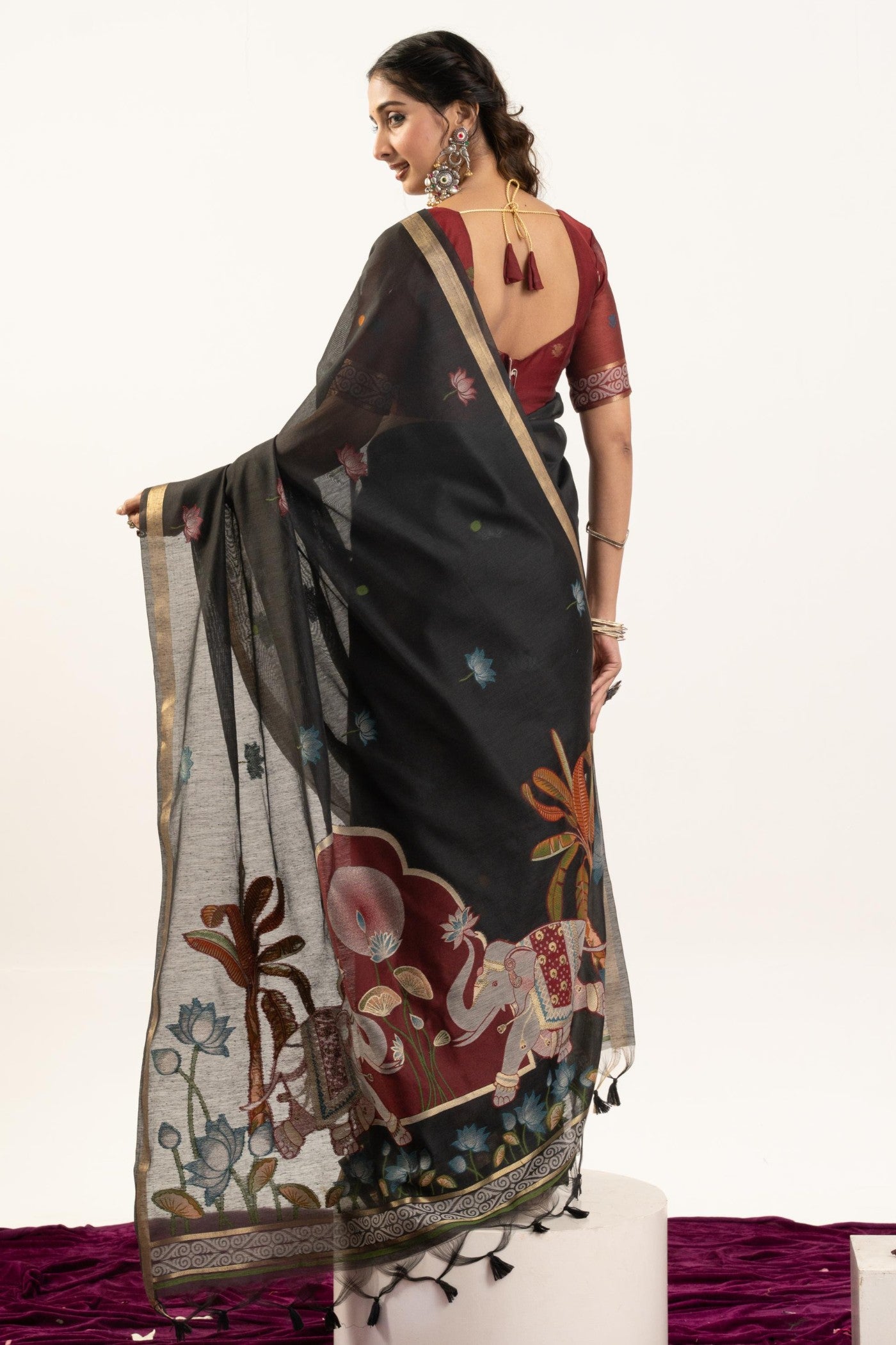 Buy MySilkLove Eclipse Black Woven Soft Muga Cotton Saree Online