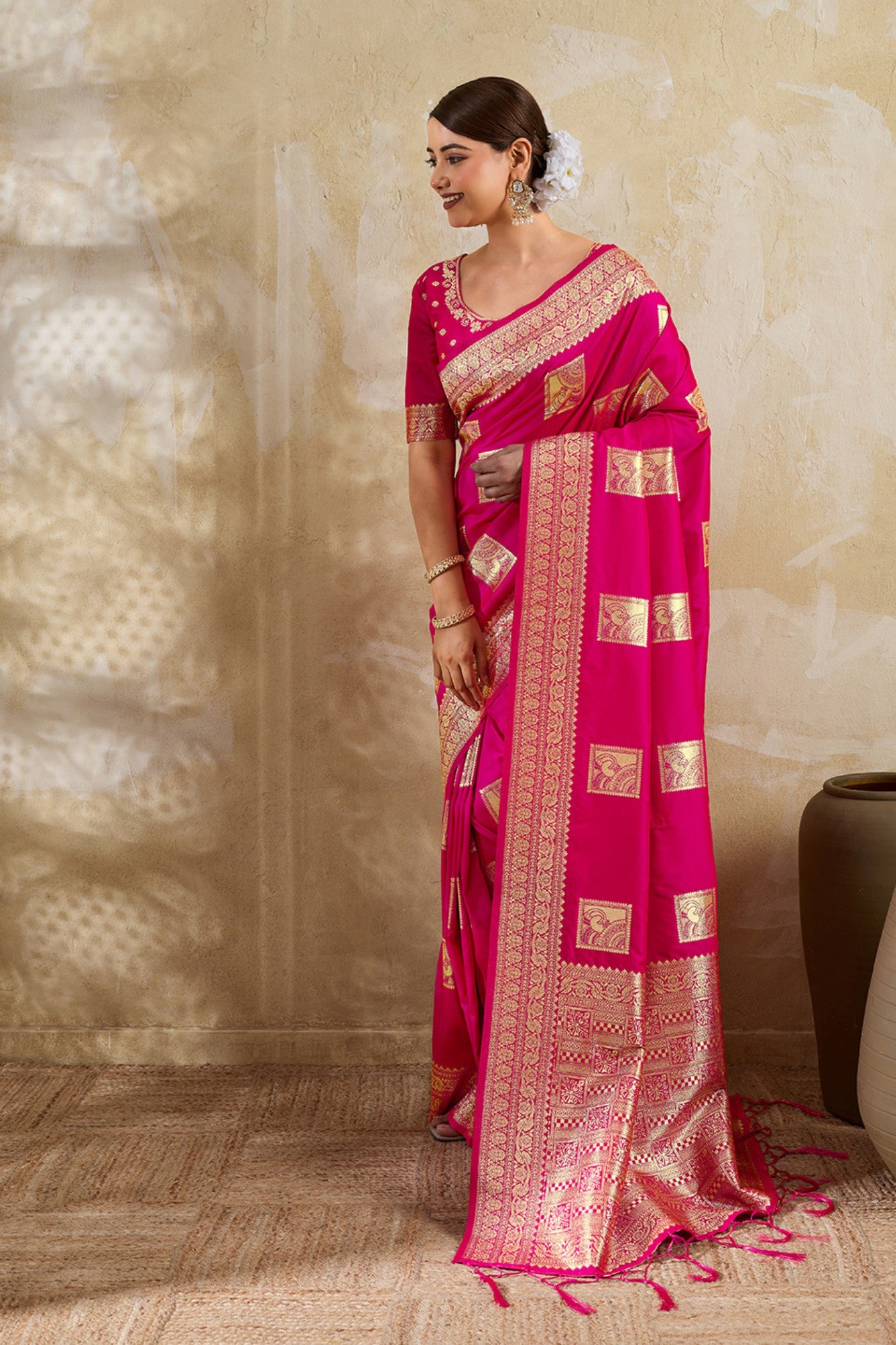 MySilkLove Barbie Pink Woven Banarasi Soft Silk Saree
