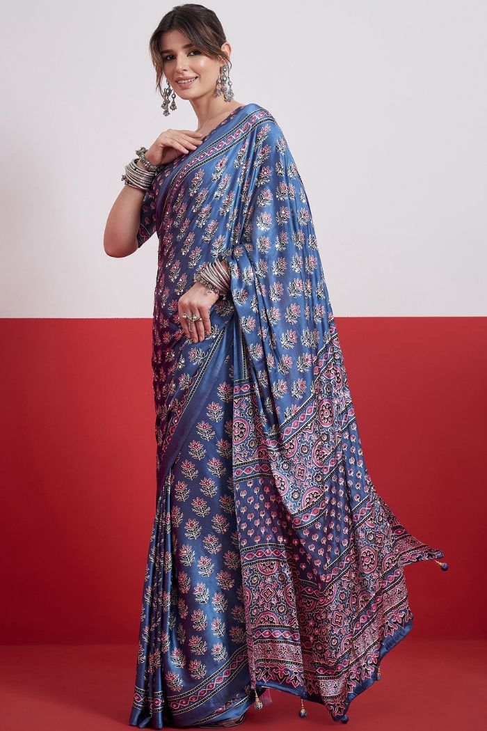 Buy MySilkLove Cloud Blue Modal Ajrakh Satin Printed Mirror Work Saree Online