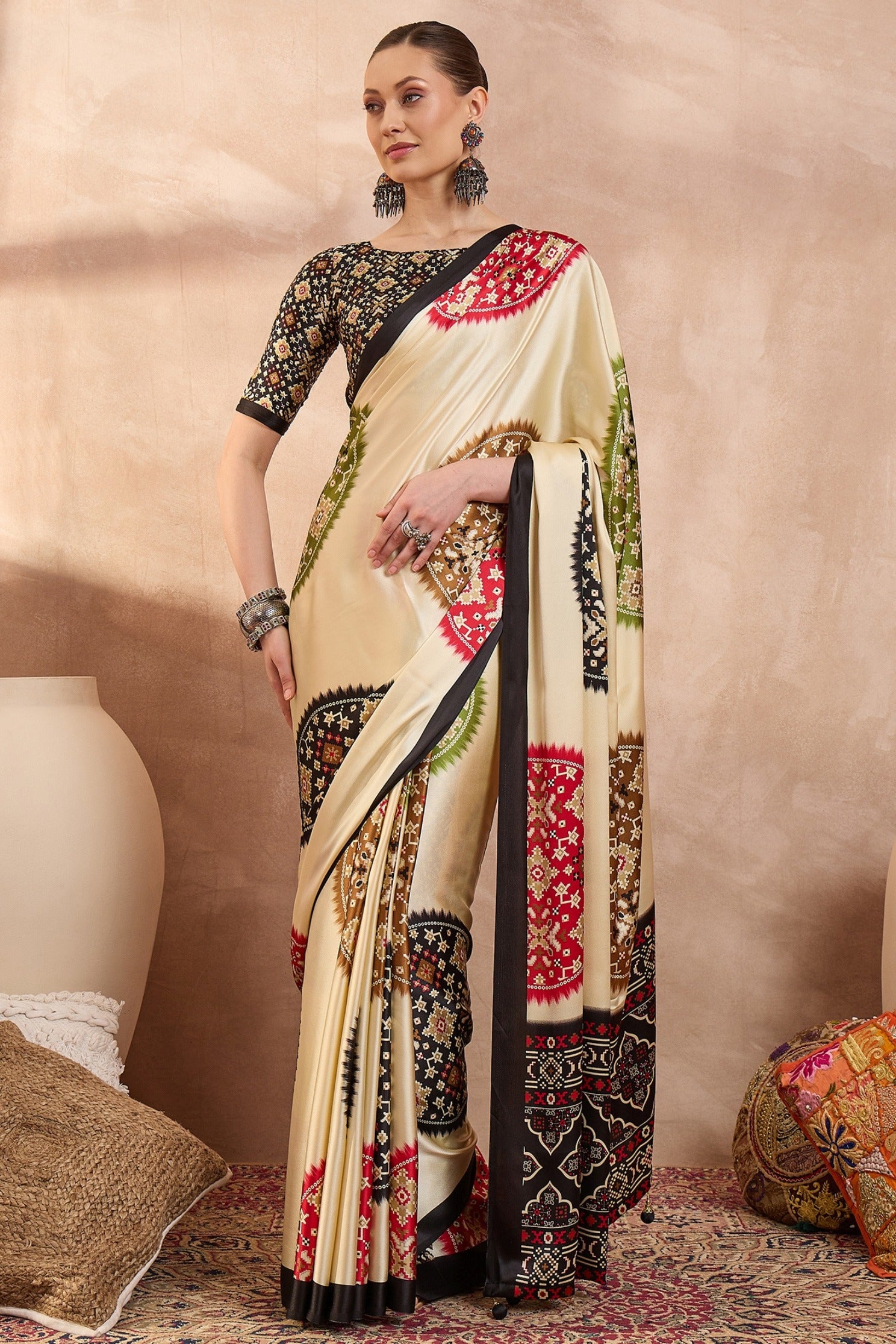 Buy MySilkLove Pastel Cream and Black Modal Ajrakh Printed Silk Saree Online