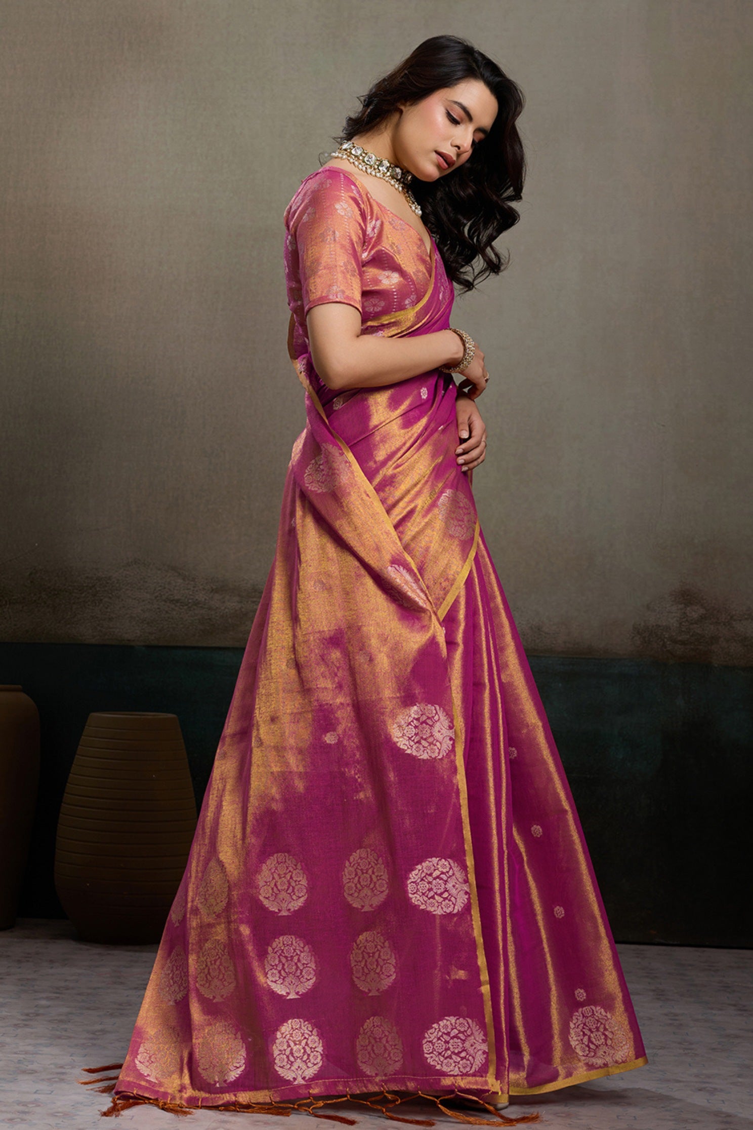 Buy MySilkLove Blush Pink Woven Tissue Saree Online