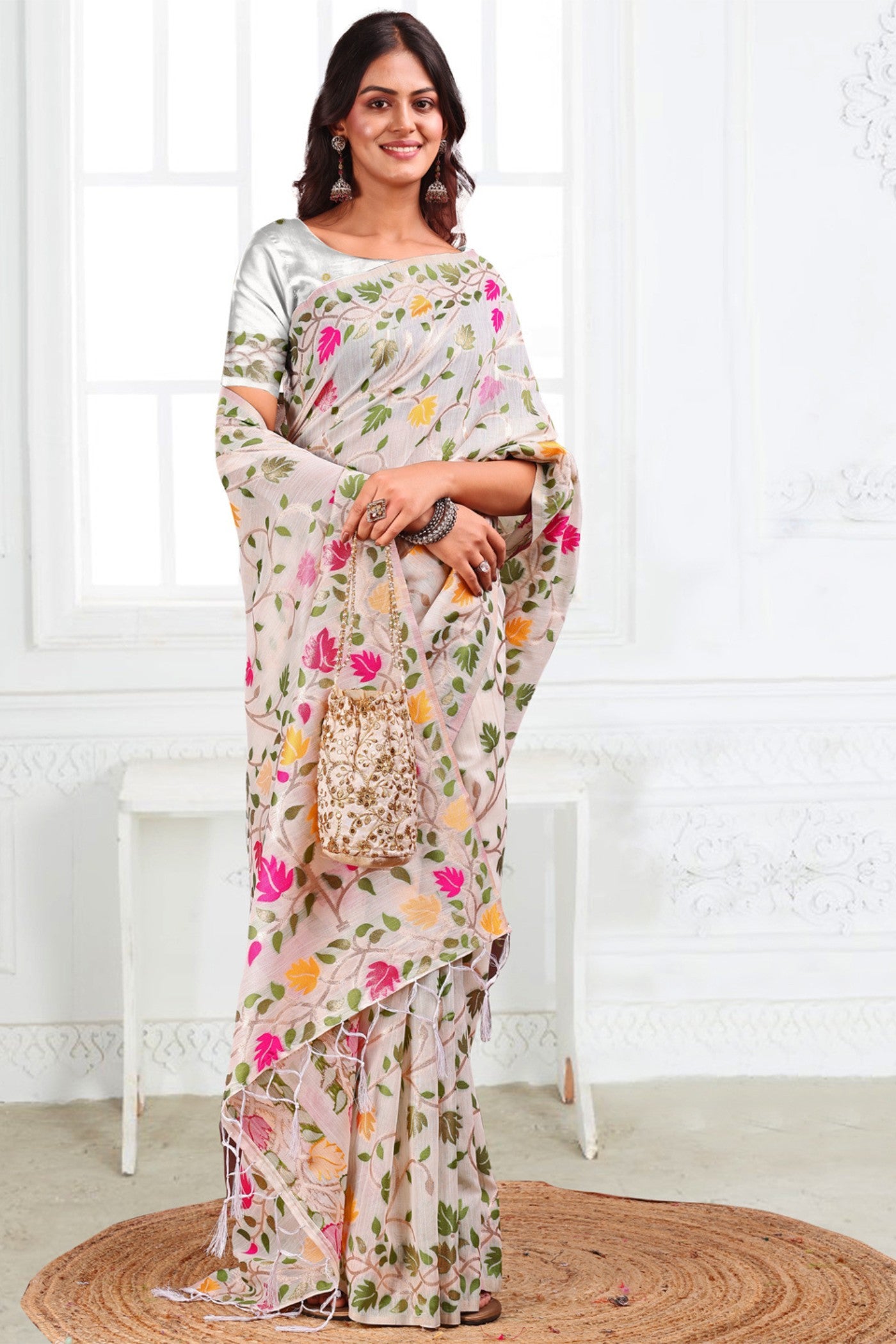 Buy MySilkLove Snow White Woven Linen Cotton Saree Online
