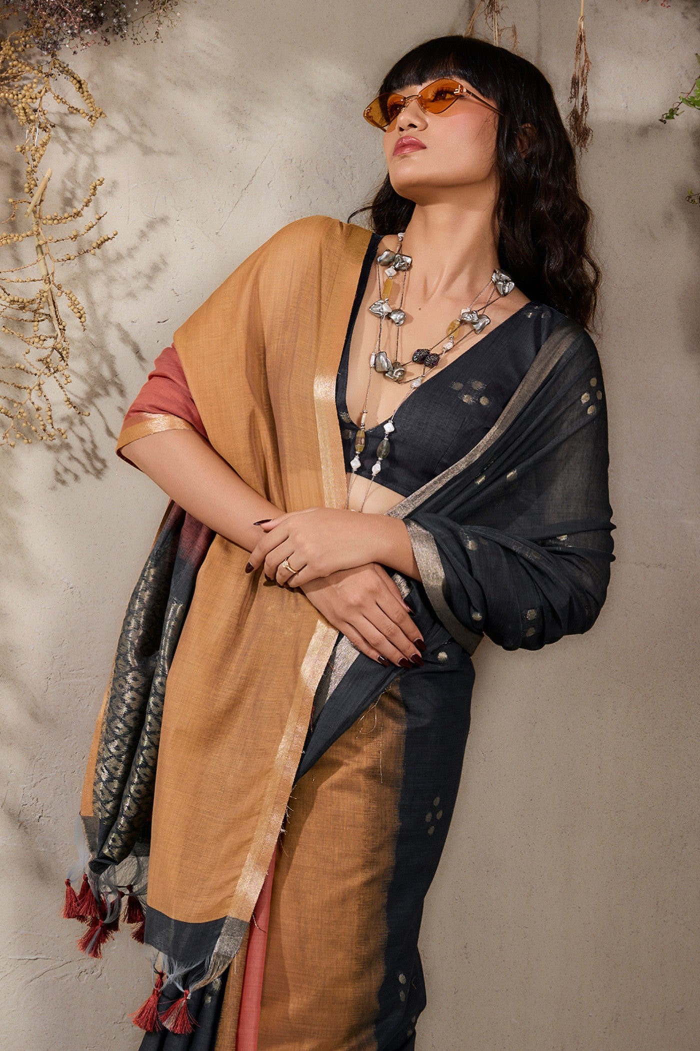 Buy MySilkLove Imperial Black and Yellow Handloom Cotton Saree Online