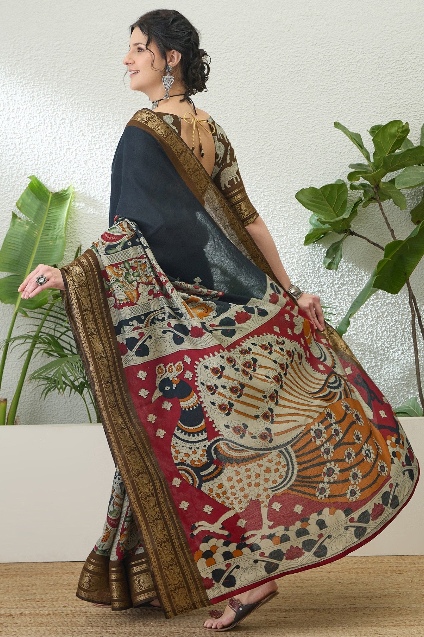 Buy MySilkLove Ink Black Printed Cotton Saree Online