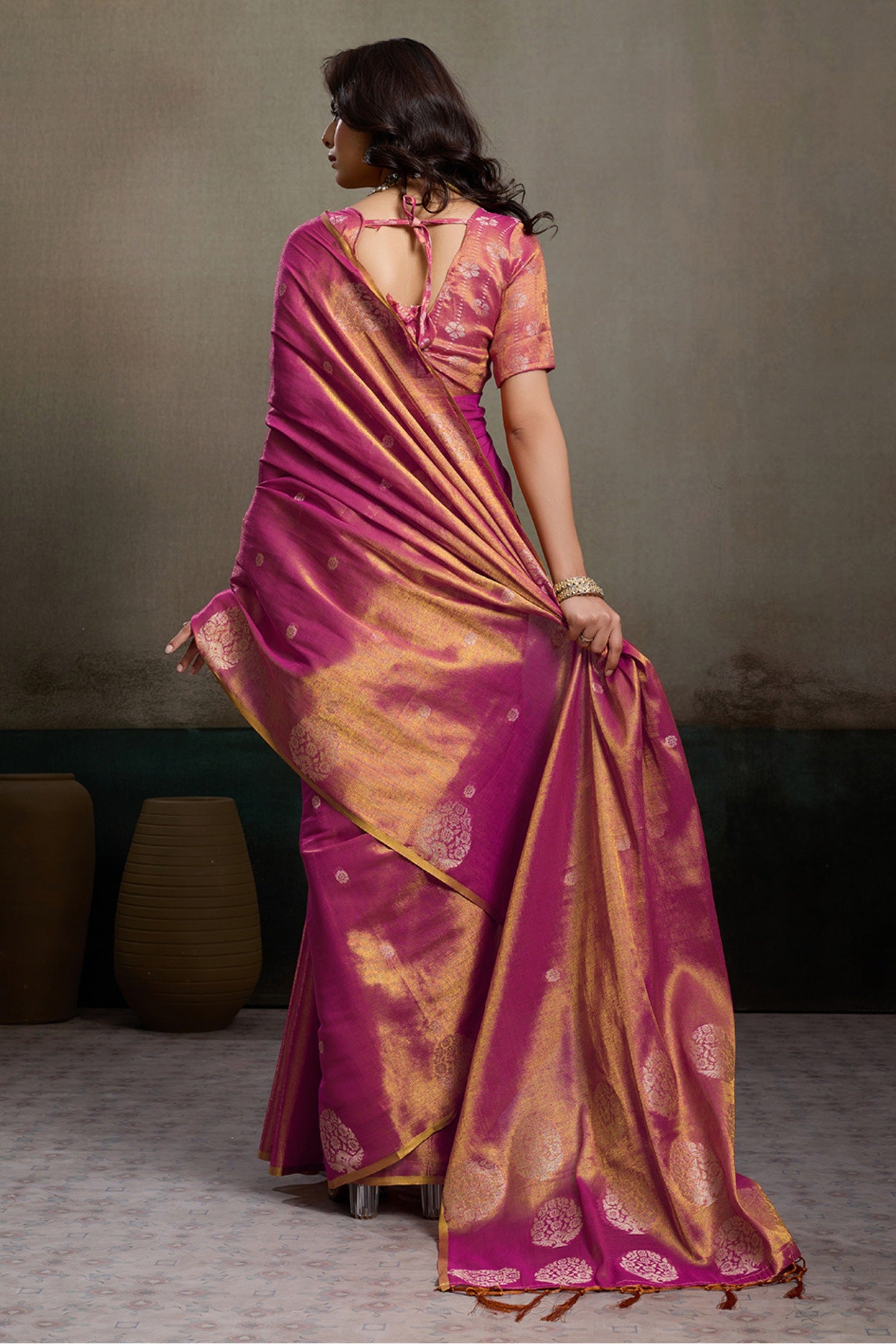 Buy MySilkLove Blush Pink Woven Tissue Saree Online