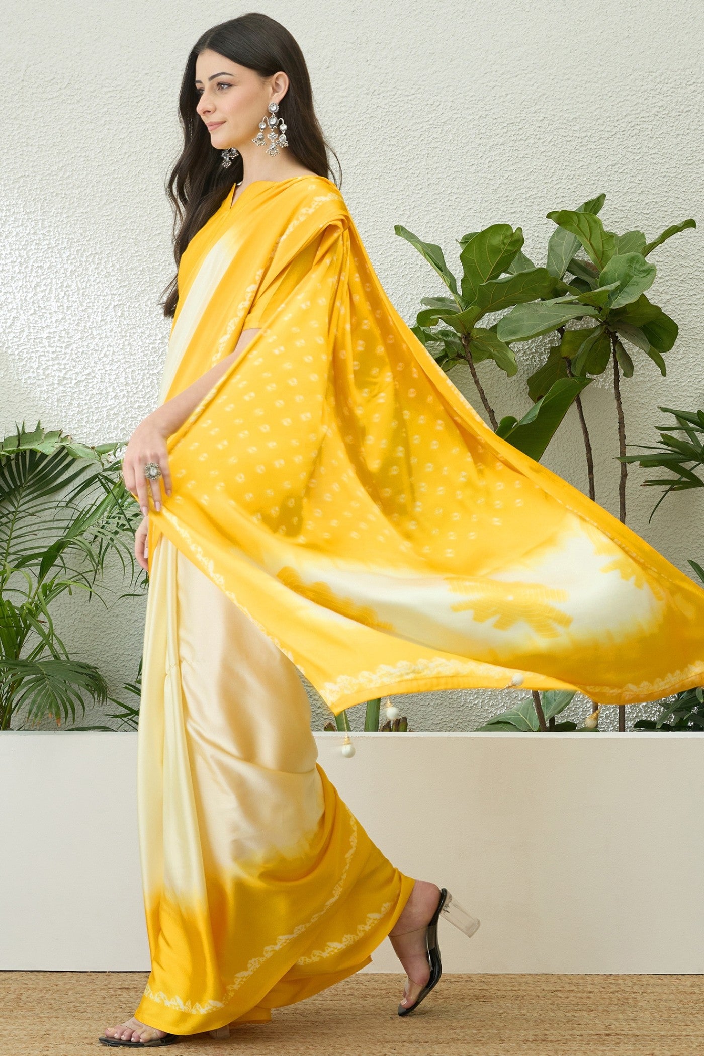 Buy MySilkLove Cyber Yellow Printed Satin Crepe Silk Saree Online