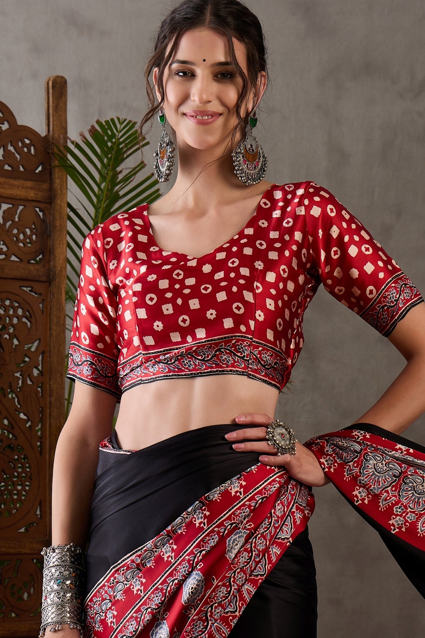 Buy MySilkLove Pitch Black Printed Satin Gaji Silk Saree Online