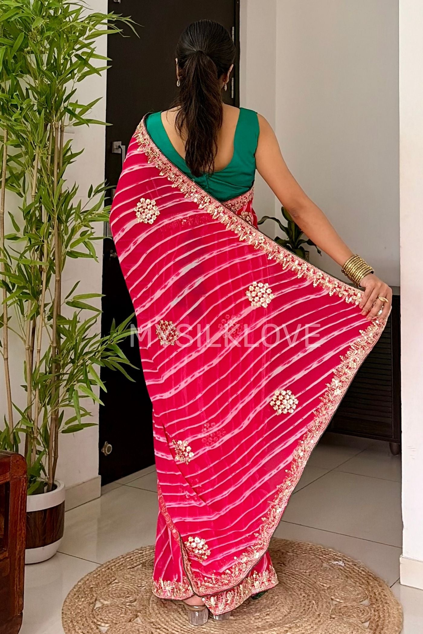 Buy MySilkLove Scarlet Pink Designer Bandhani Saree with Designer Handwork Blouse Online