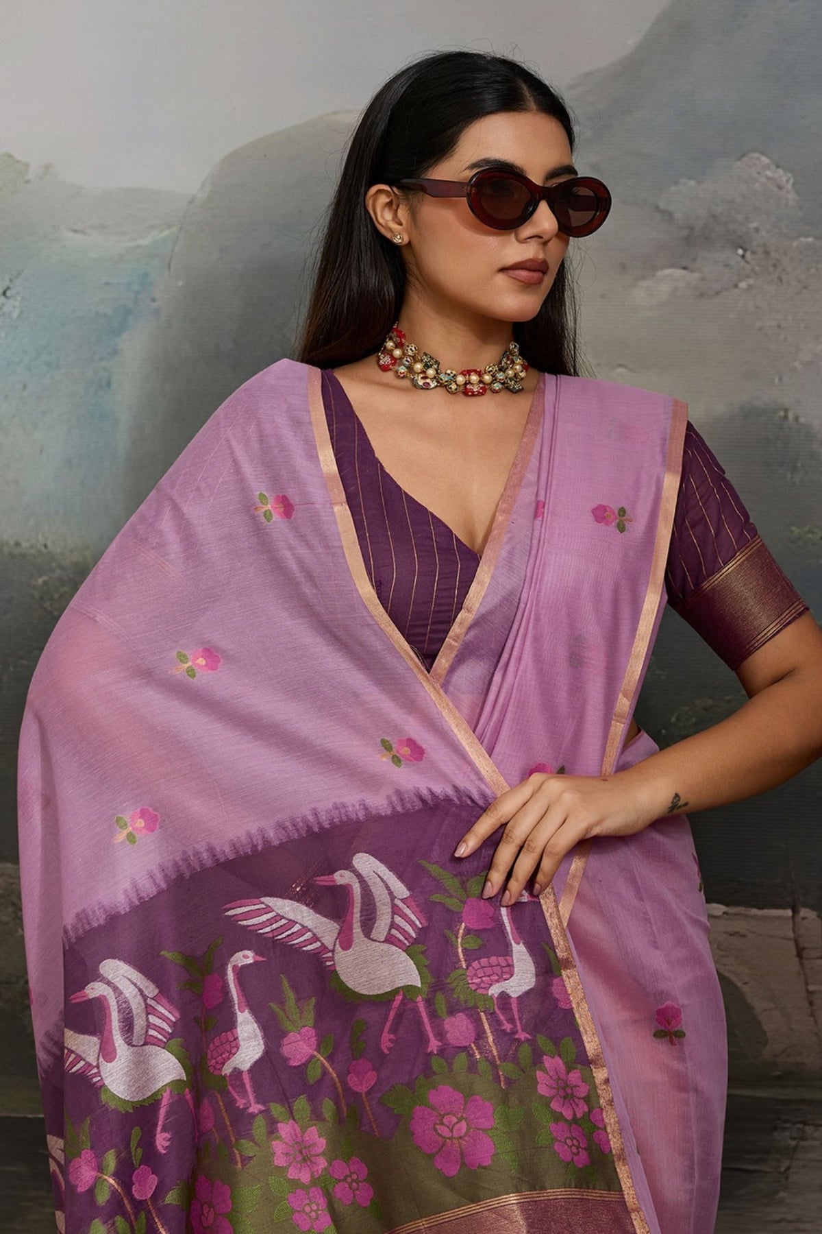 MySilkLove Iris Purple Cotton Handloom Swan Saree