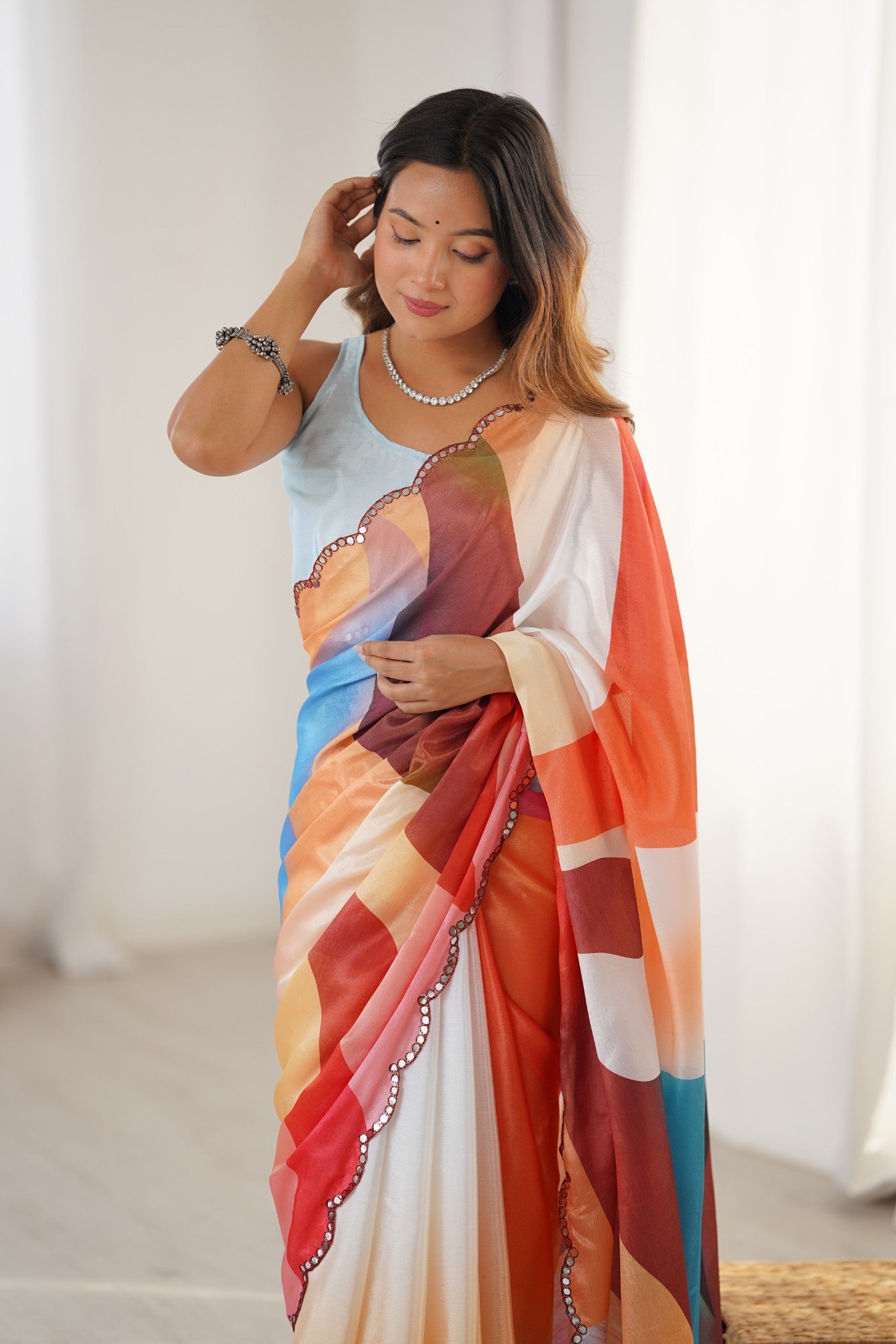Buy MySilkLove Cream Multicolor Chinon Partywear Saree Online
