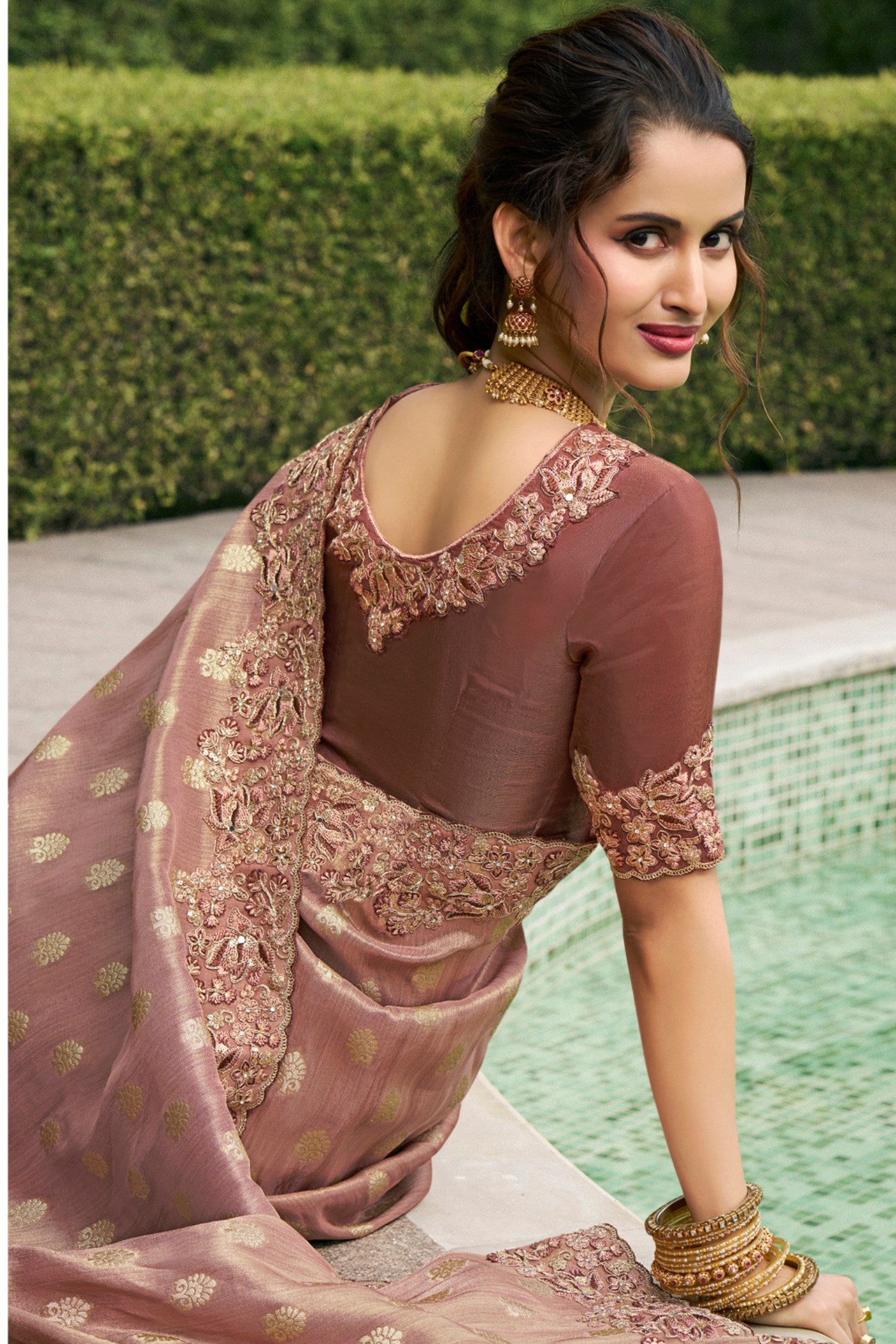 Buy MySilkLove Coffee Brown Banarasi Designer Embroidered Saree Online