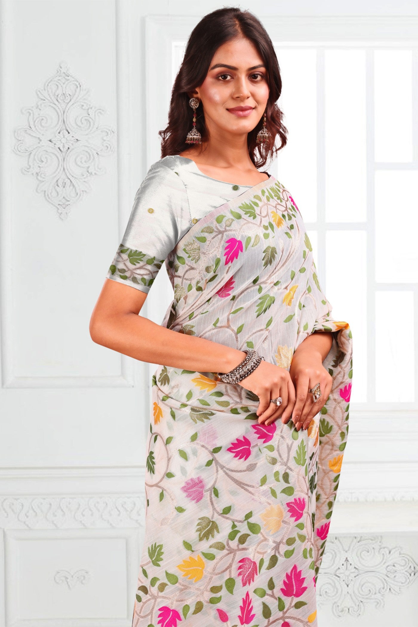 Buy MySilkLove Snow White Woven Linen Cotton Saree Online