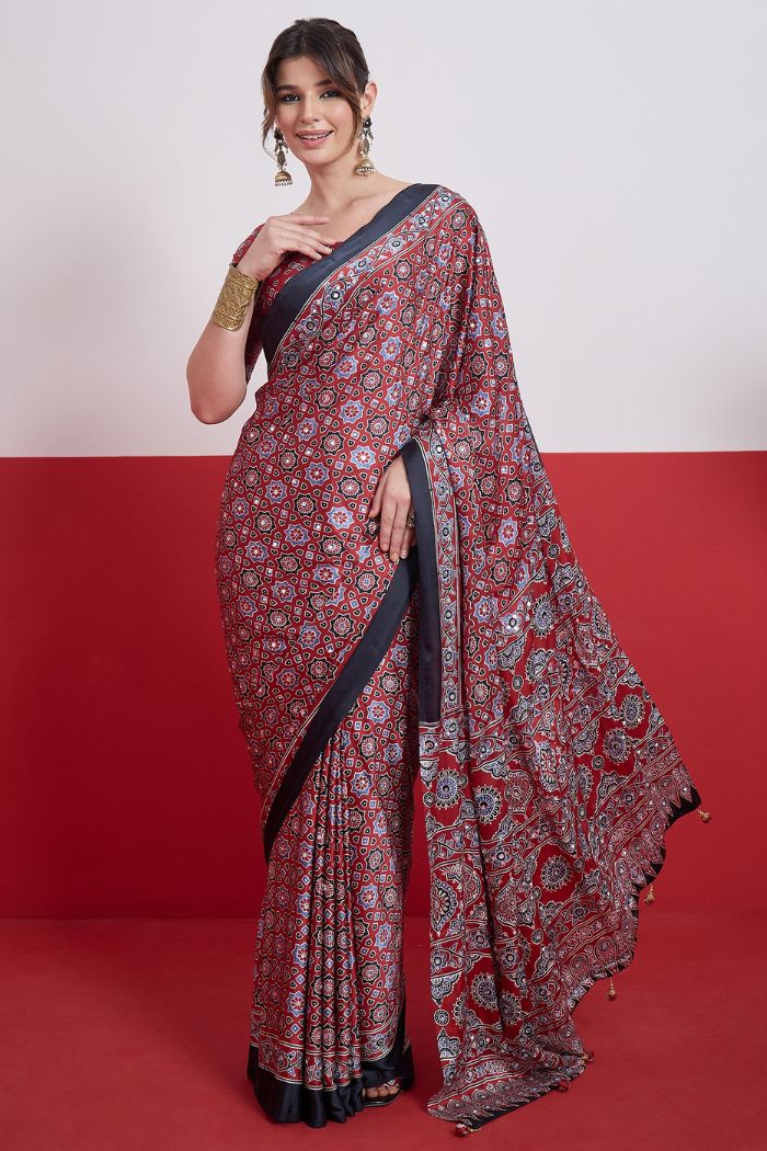 Buy MySilkLove Burgundy Maroon Modal Ajrakh Satin Printed Mirror Work Saree Online
