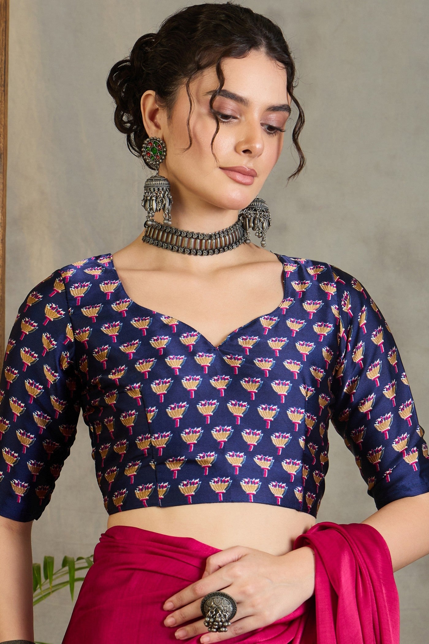 Buy MySilkLove Rose Pink and Blue Ajrakh Printed Satin Crepe Silk Saree Online