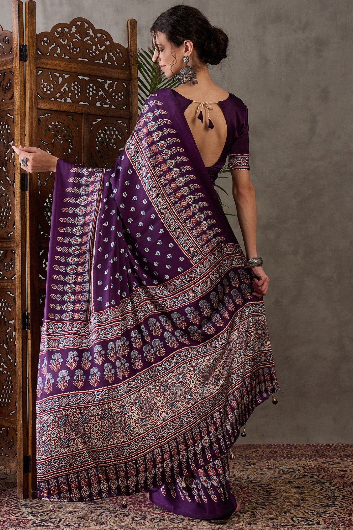 Buy MySilkLove Jamun Purple Printed Satin Gaji Silk Saree Online
