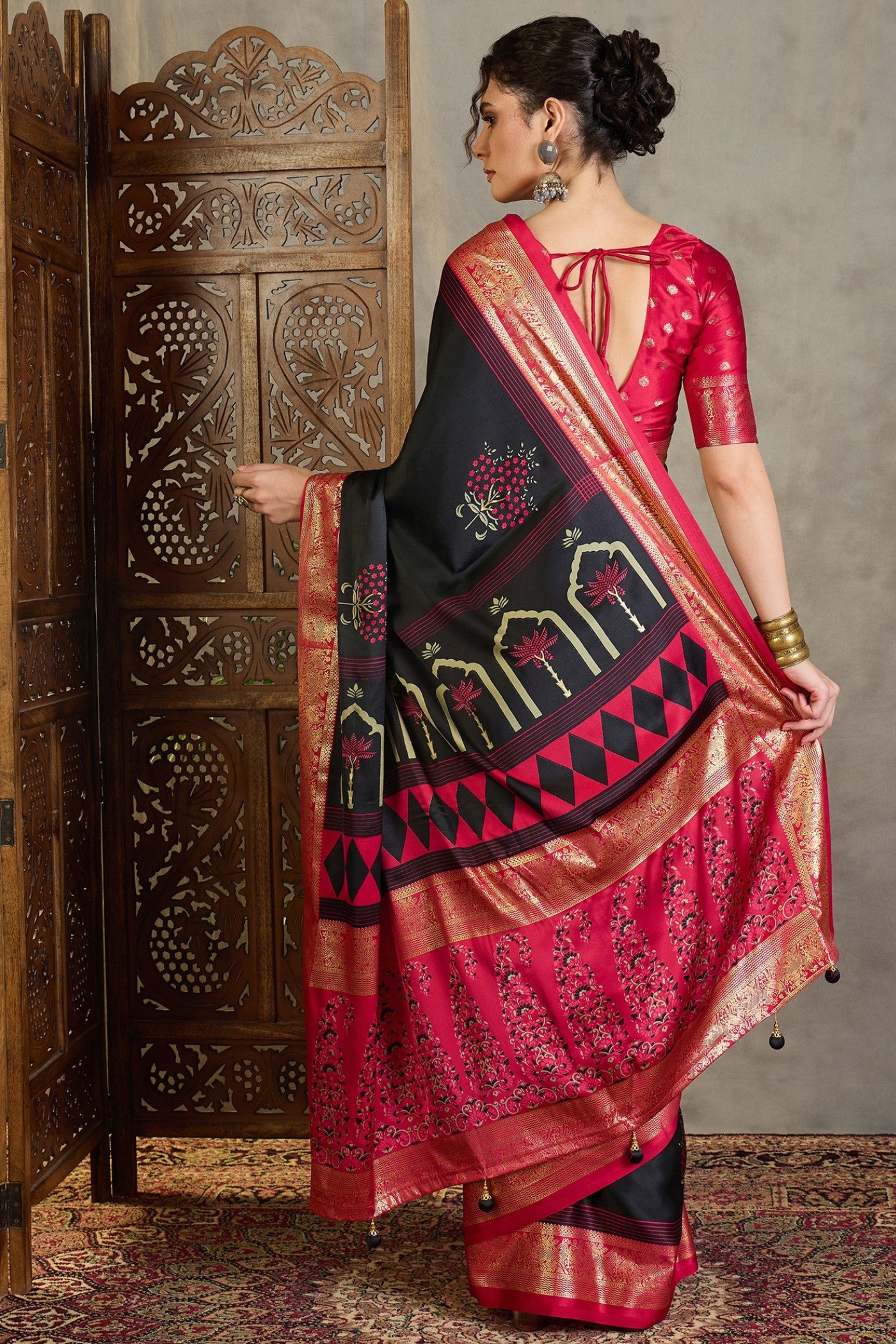 Buy MySilkLove Inked Black and Red Printed Satin Crepe Silk Saree Online