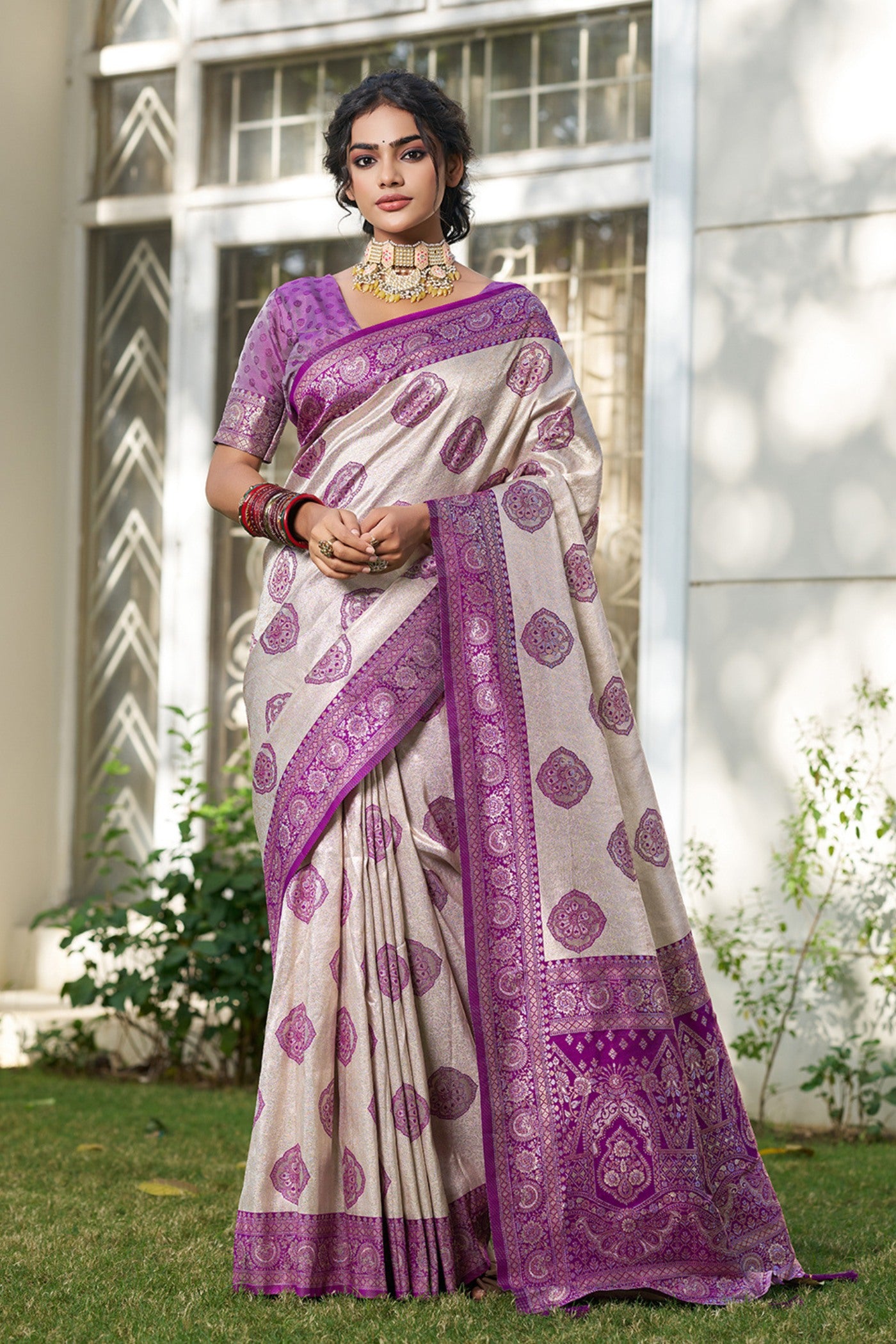 Buy MySilkLove Classic Ivory and Purple Woven Banarasi Saree Online
